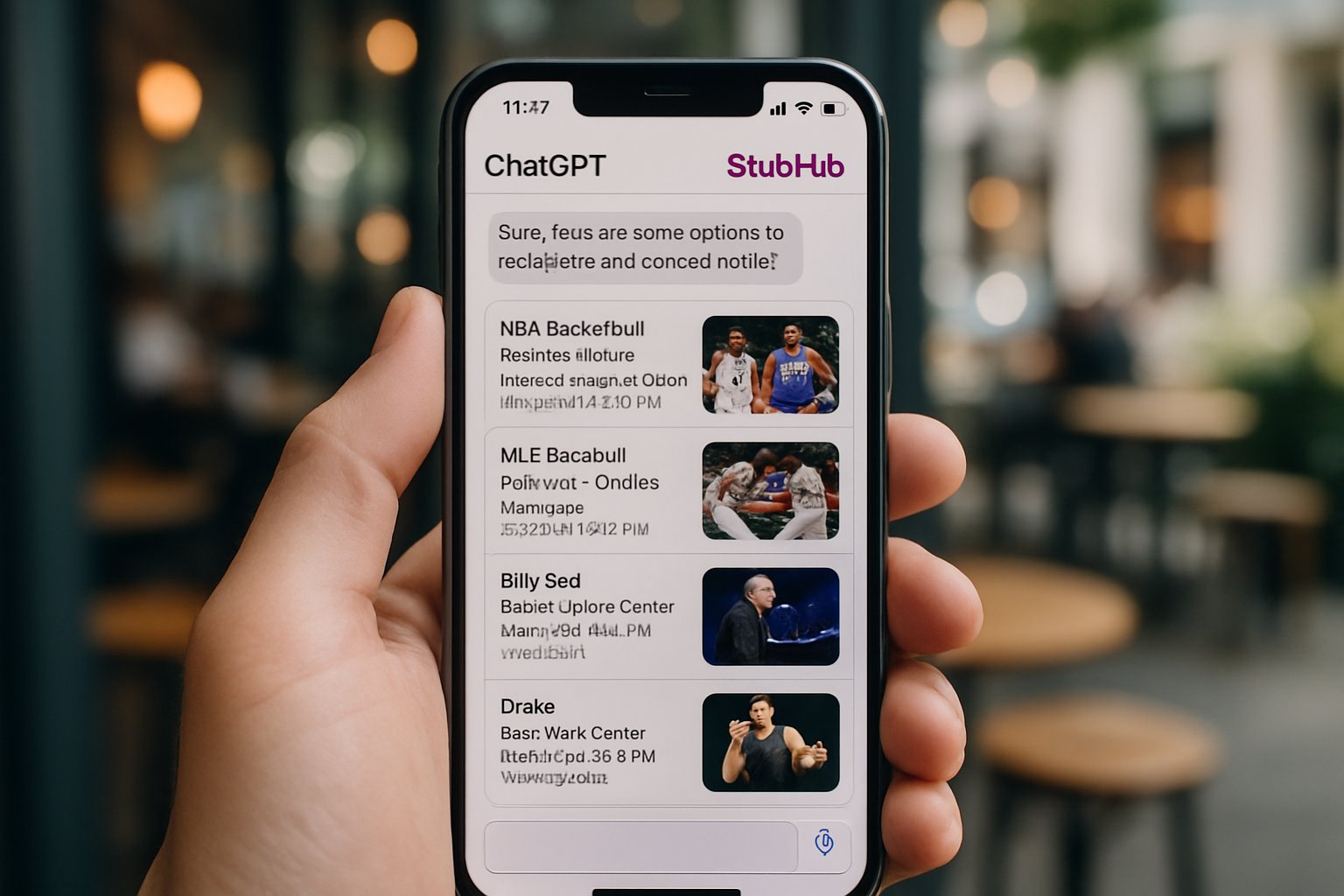 ChatGPT StubHub App on smartphone displaying live ticket options.