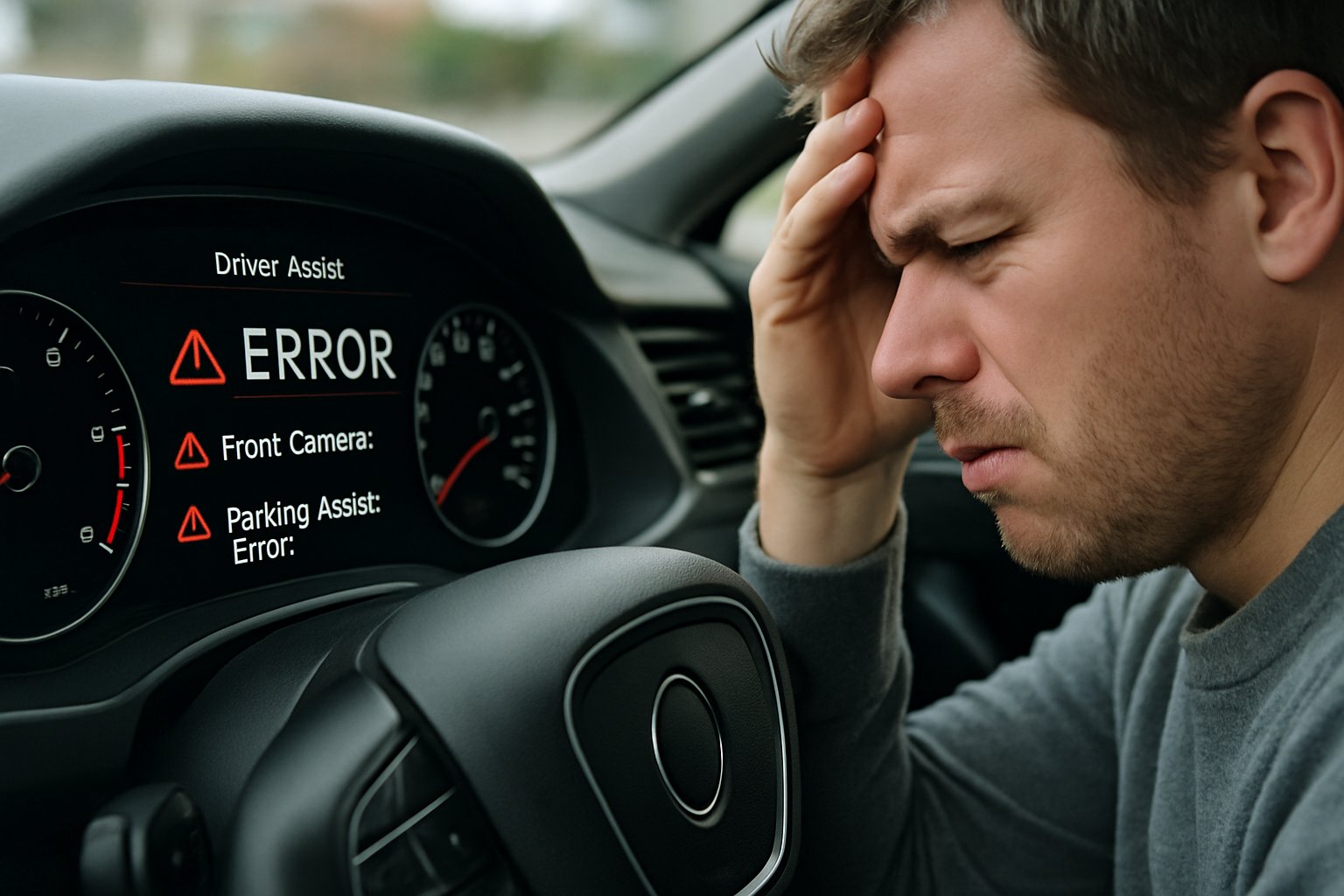 Frustrated driver facing 2025 Tech Flops in vehicle dashboard system