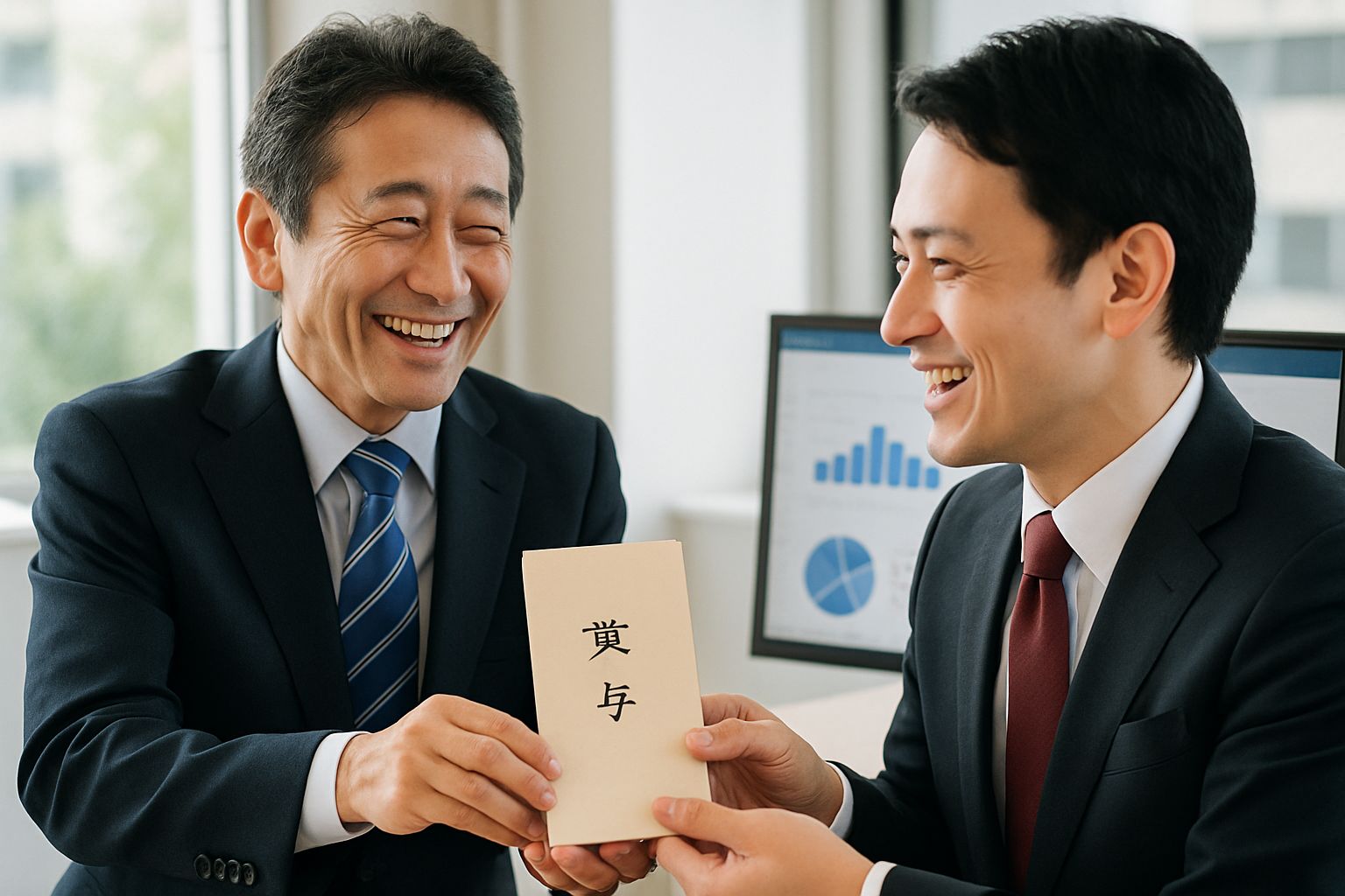 Manager awards Economic AI Growth bonus envelope in bright Japanese office.