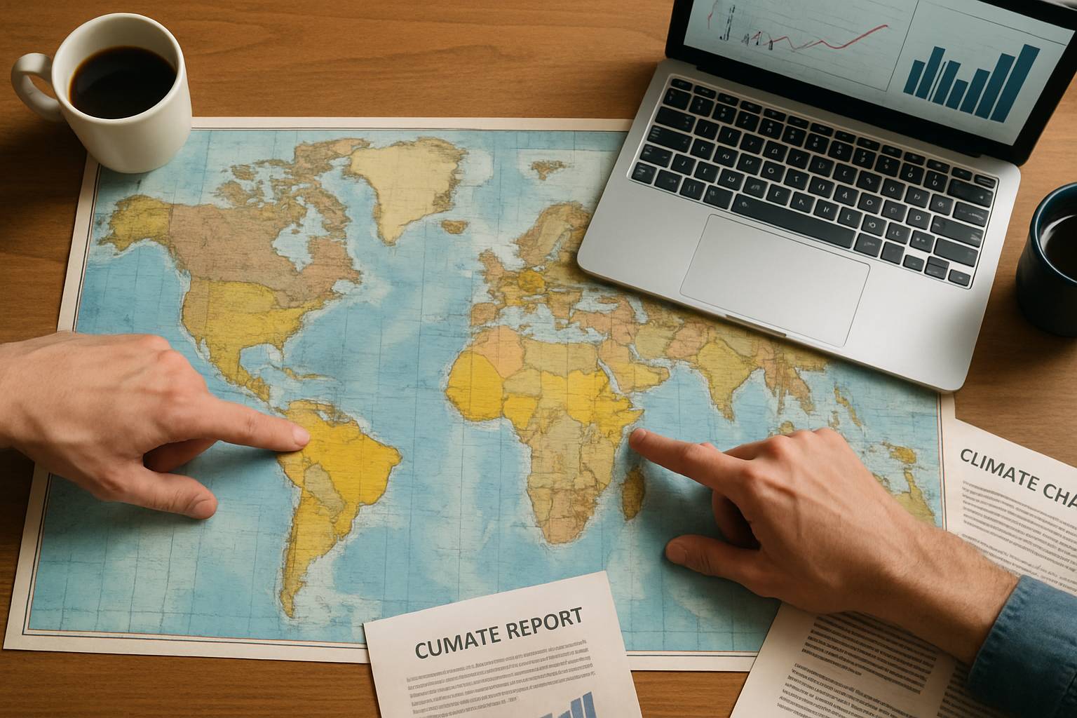 Climate AI Insights map highlighting global climate bright spots during a team meeting.