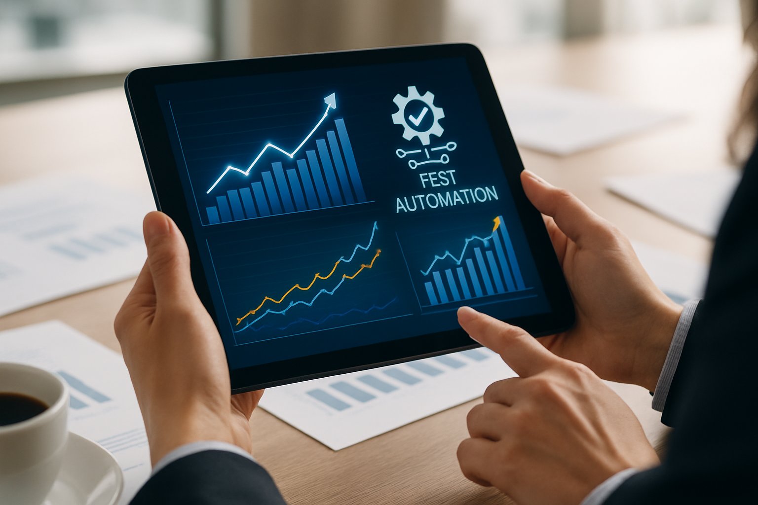 Test Automation Market statistics shown on tablet in business setting.
