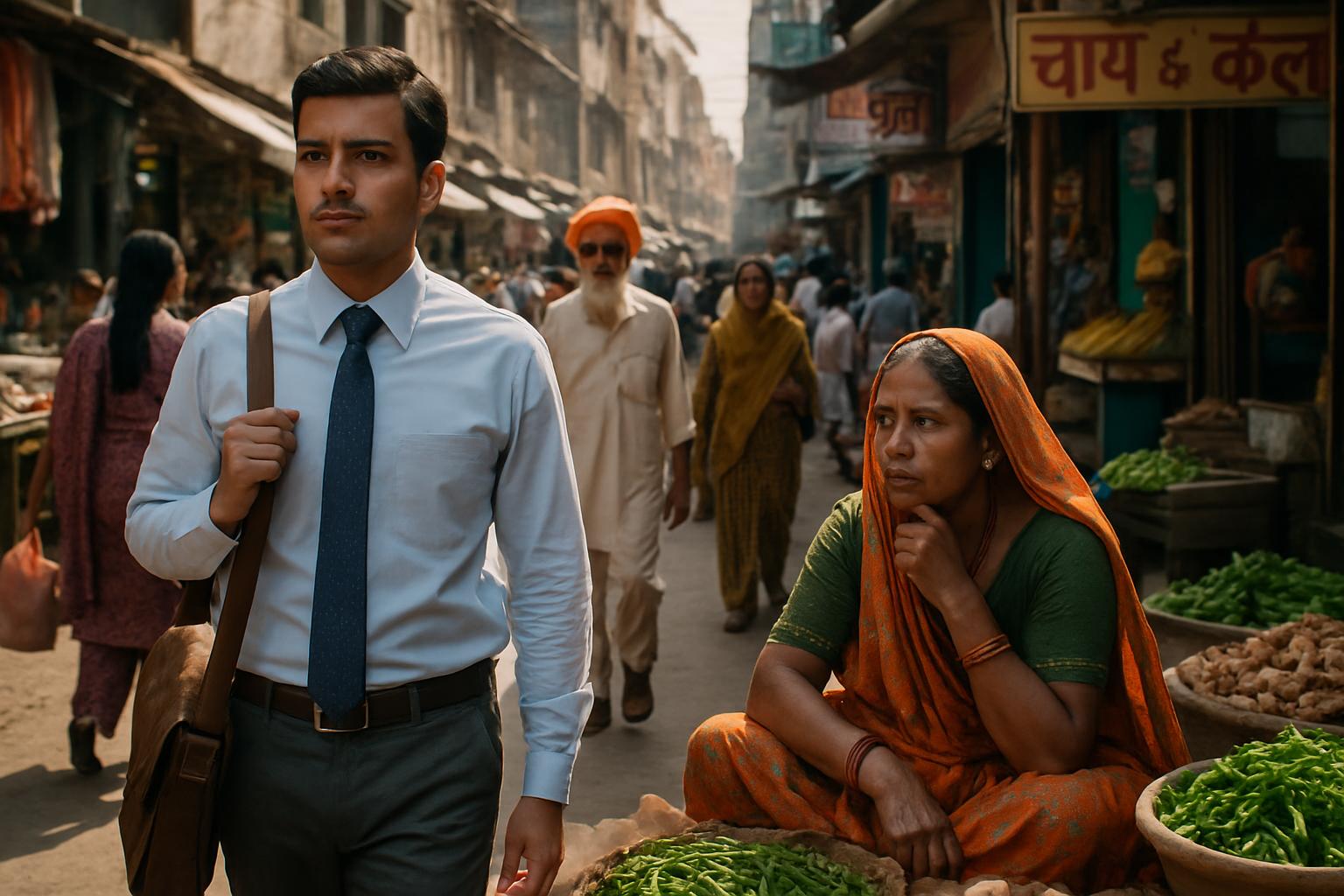 India expansion inequality visible between market vendors and professionals in Indian street scenes.