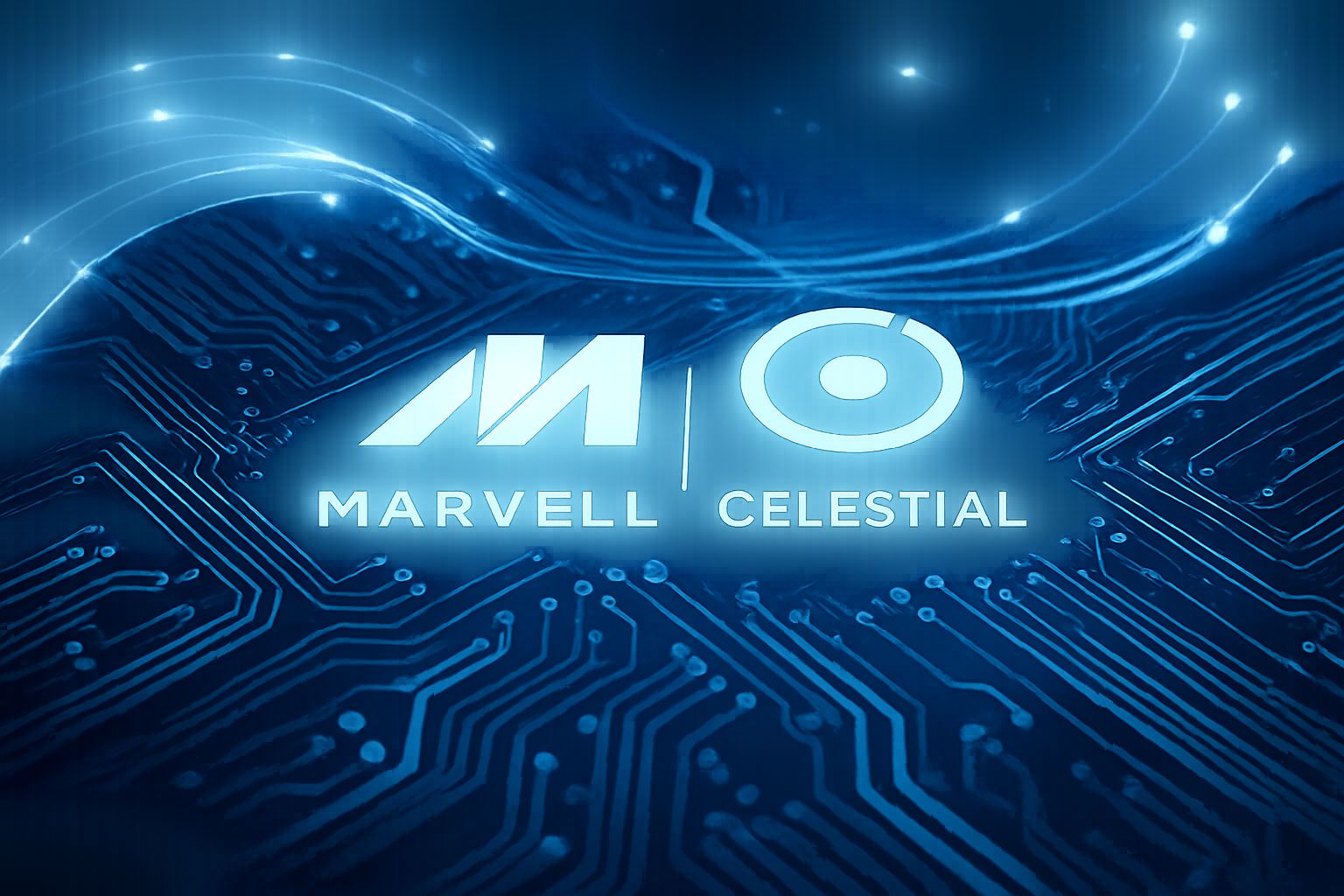 Marvell and Celestial logos with photonic fibers representing AI Hardware Financials outlook.