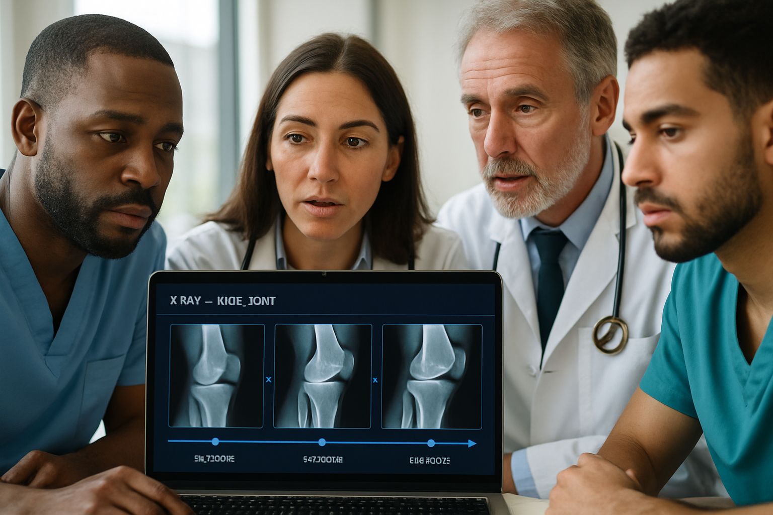 Medical team using Predictive Health AI to assess future knee X-ray risks.