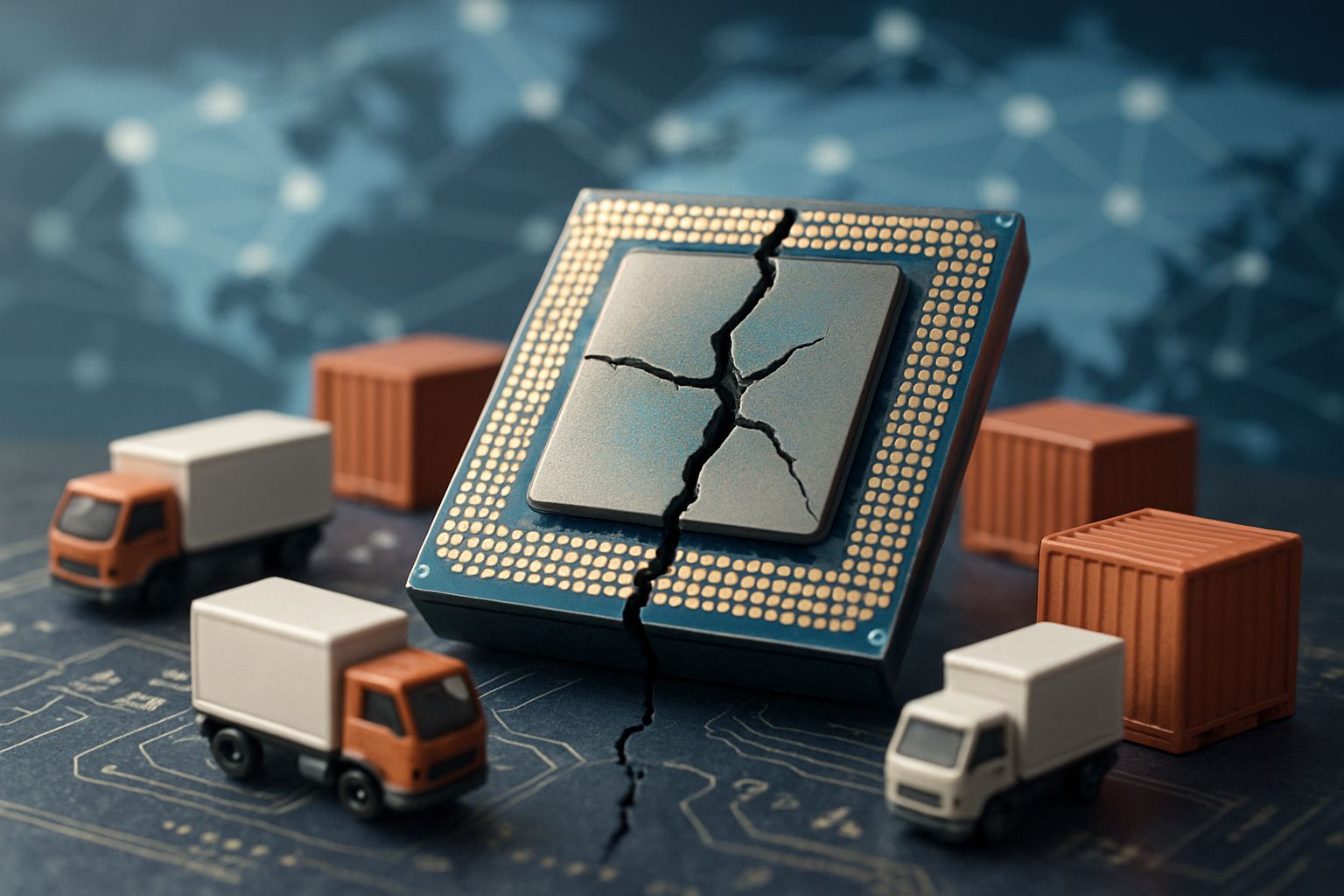 Cracked memory chip and Supply Chain symbols highlighting pressure points.