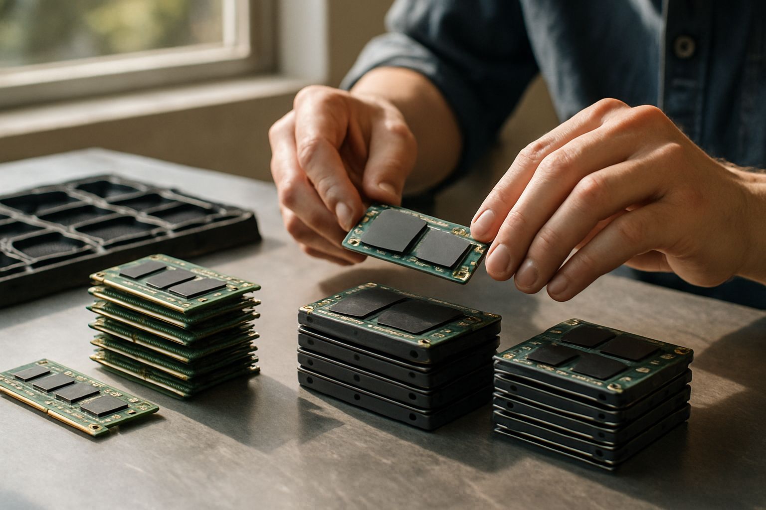 Realistic memory chips and SSDs emphasize the current memory supply shortage.