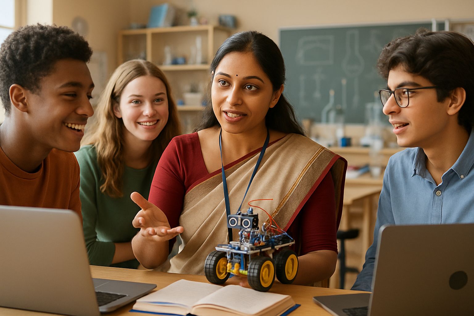 Female AI Educator mentors students with robotics kit in Indian AI lab.