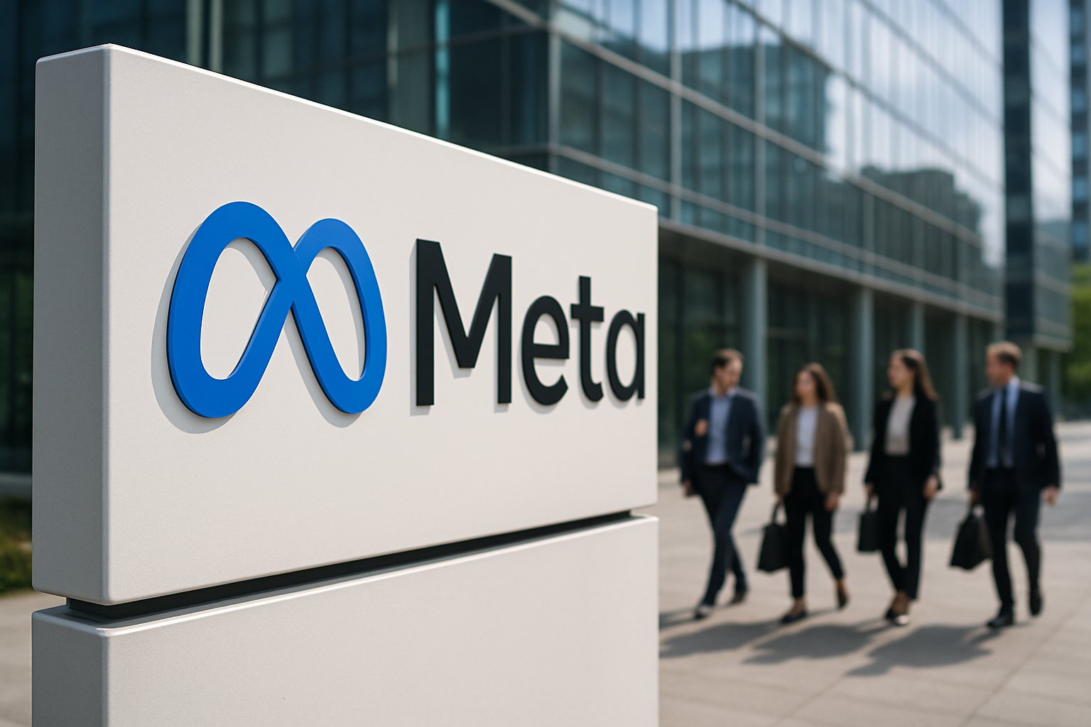 Meta office sign with professionals discussing Antitrust Regulation outside building.