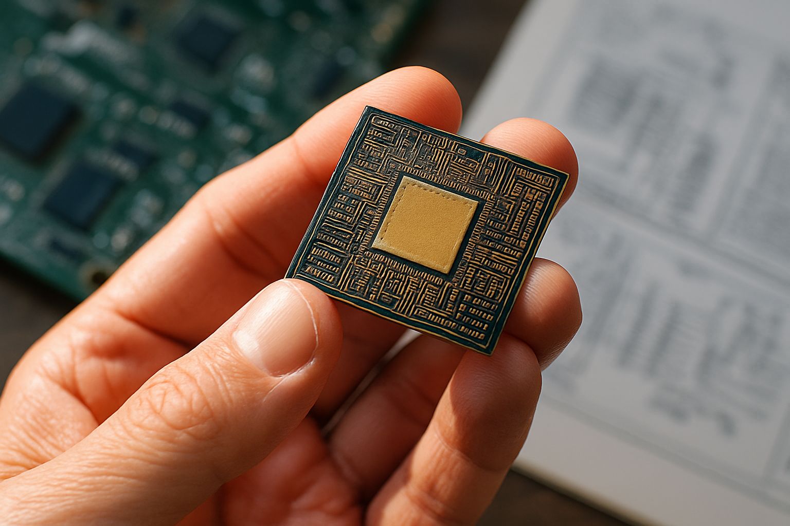Chip Design microchip showcased by engineer for hardware innovation.
