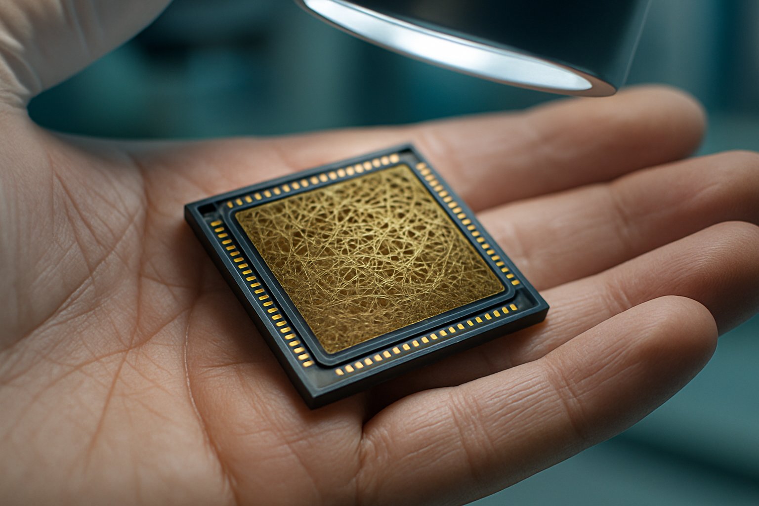 Realistic close-up of microchip with protein nanowires for Bacterial AI Neuron.