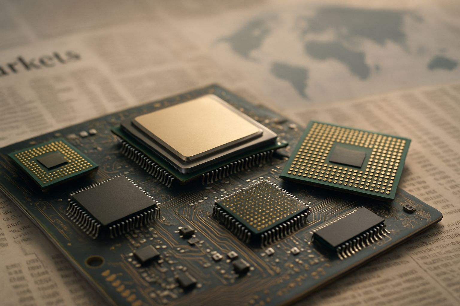 High quality photo of AI Semiconductor Stocks with microchips on circuit board.