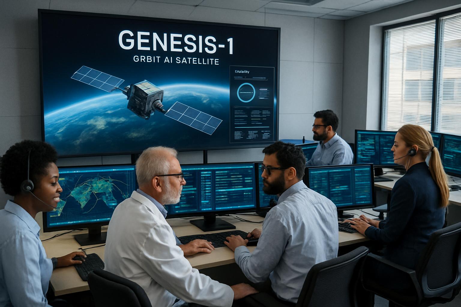 Engineers tracking Genesis-1 Orbit AI satellite operation in a modern mission control room.