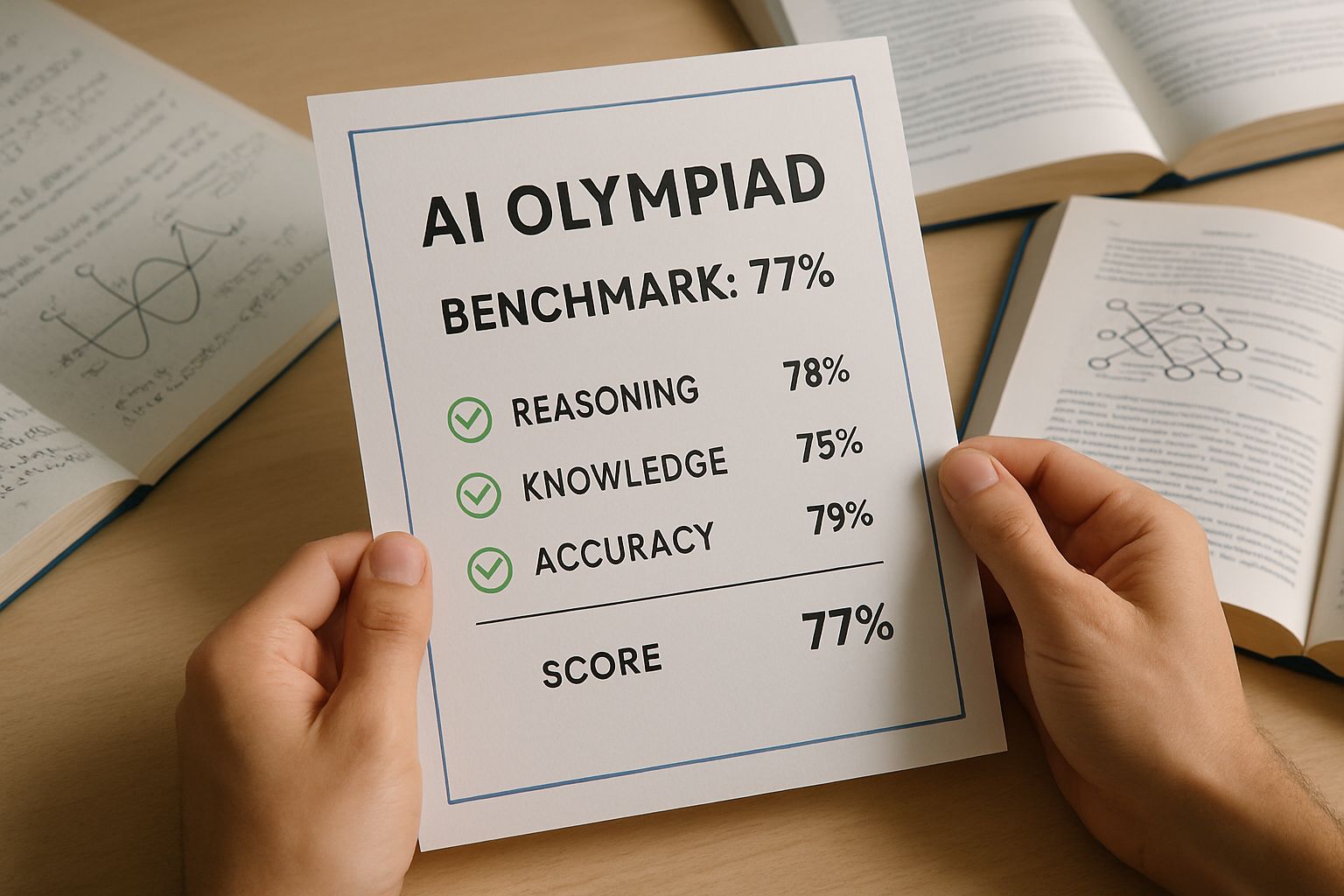 Certificate displaying AI Model Capability score and Olympiad benchmark results.