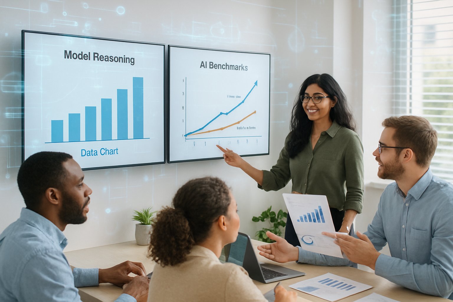 Team analyzing data charts showcasing AI Model Reasoning Upgrades performance.
