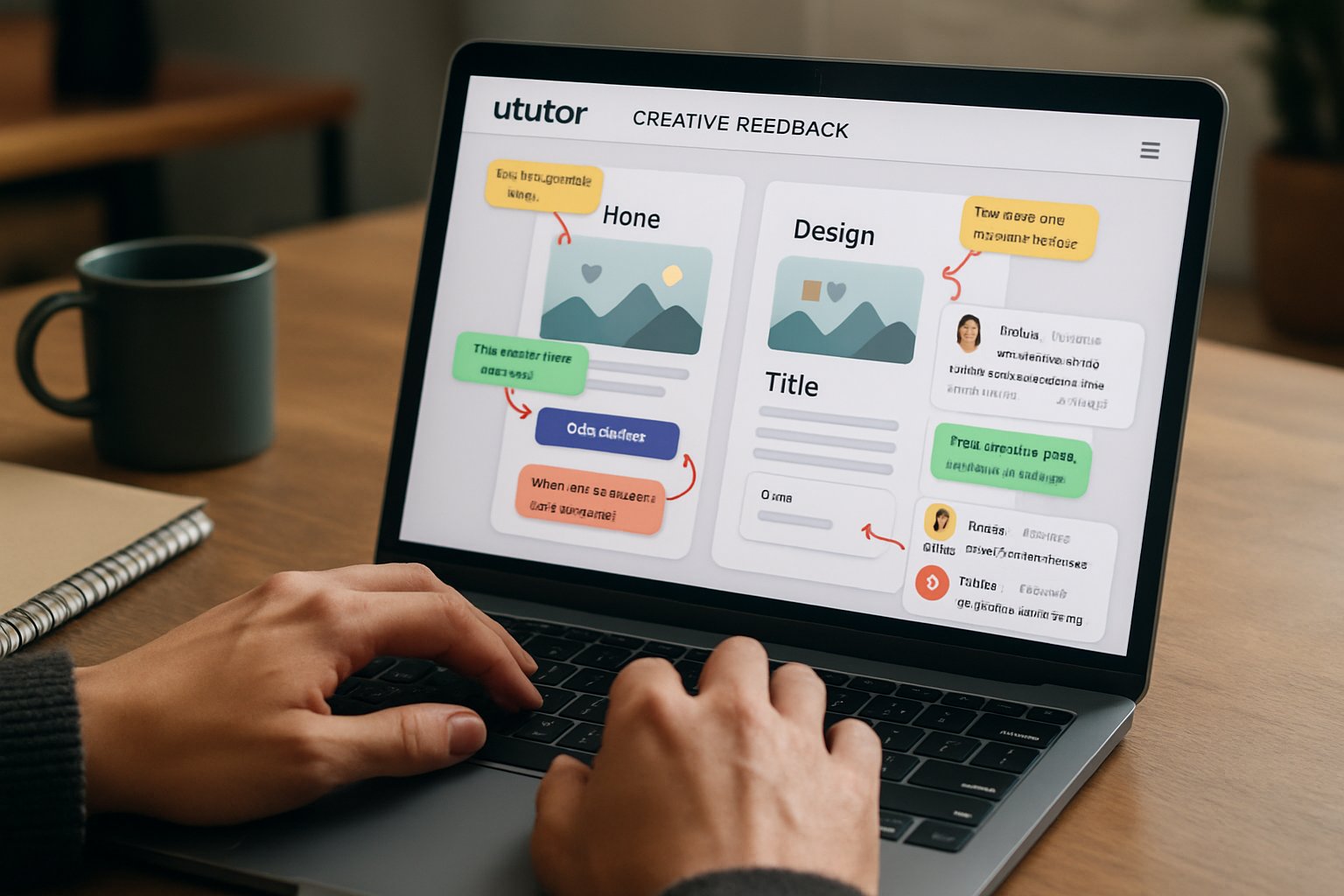 Ututor Creative Feedback interface shown on a laptop during a design review.