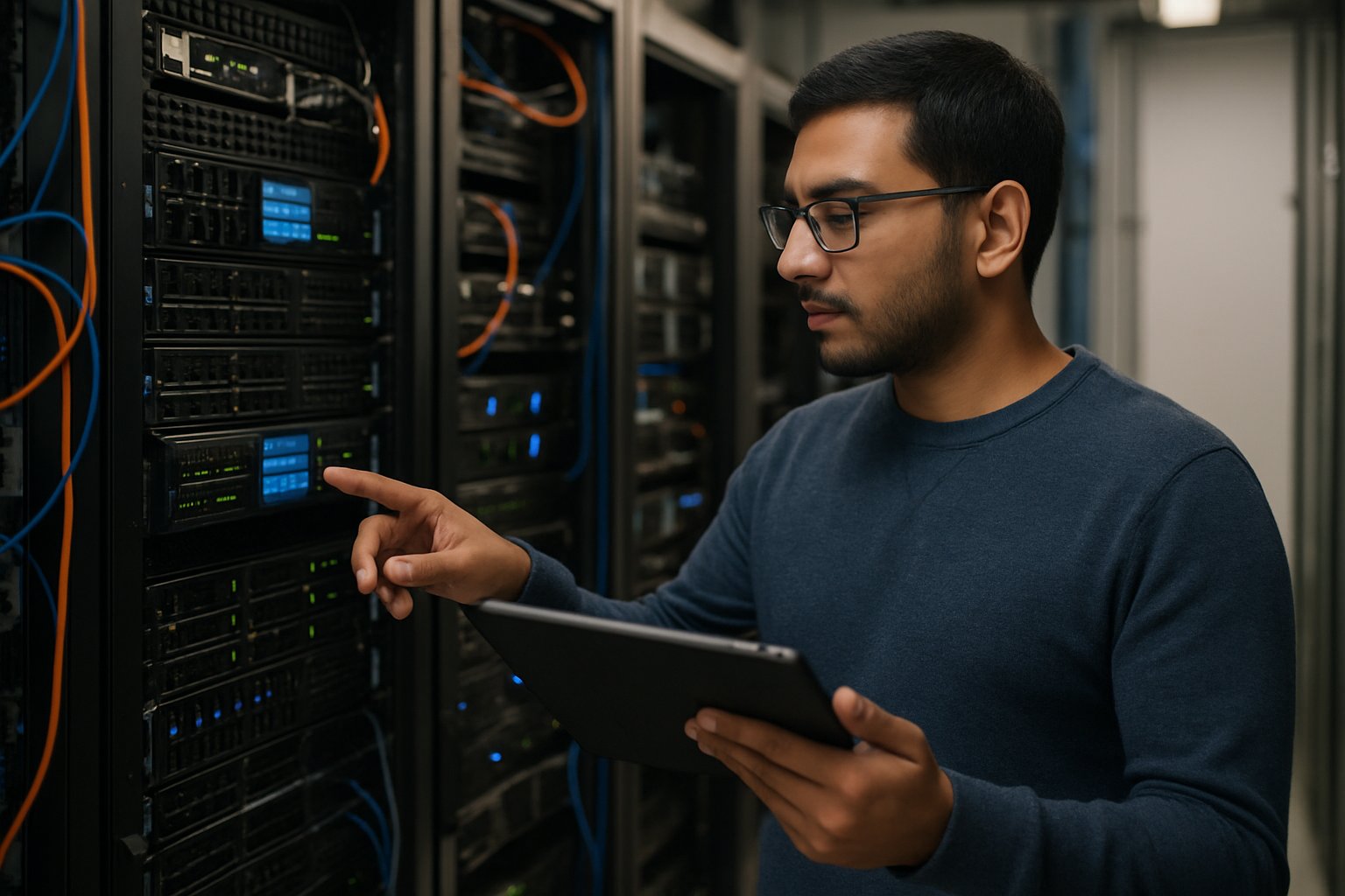 IT Rethink shown through modern server room scene and specialist