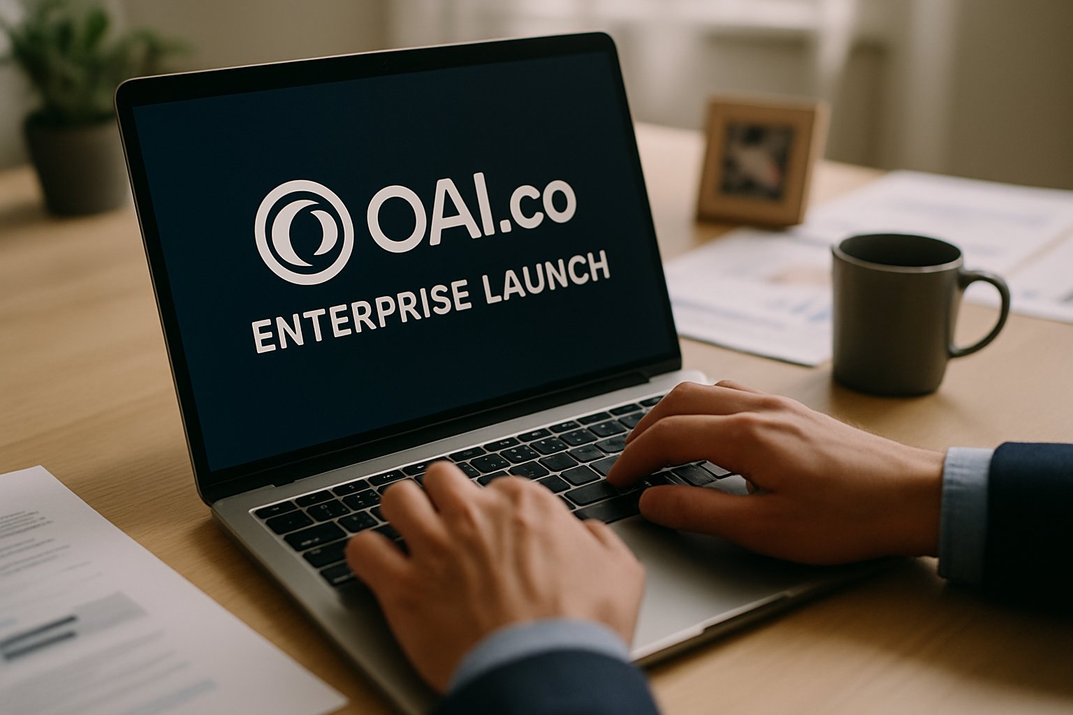 Employee working on OAI.co Enterprise Launch platform from a modern workspace.