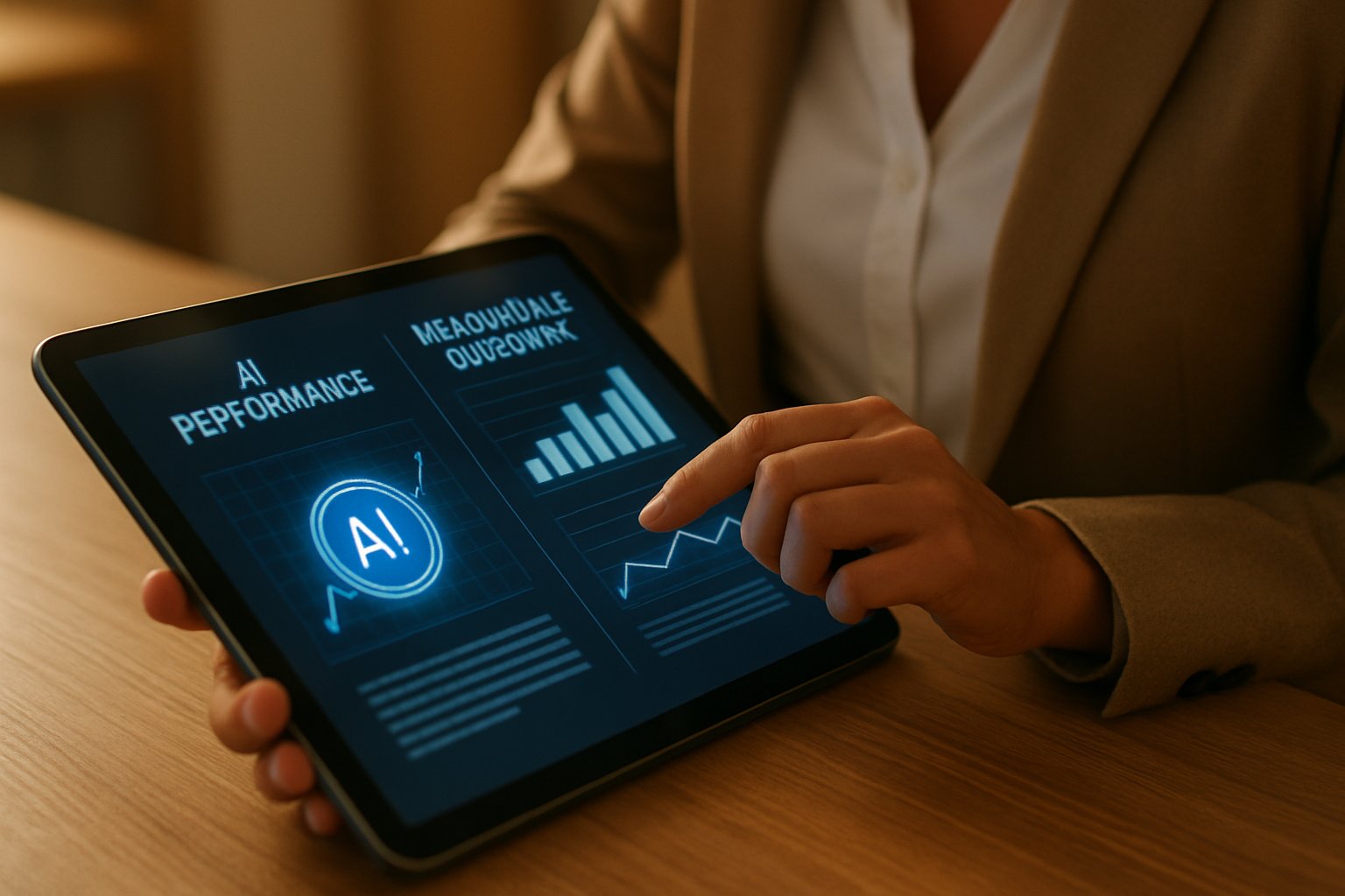Tablet showing AI Outcomes metrics in a professional office environment.