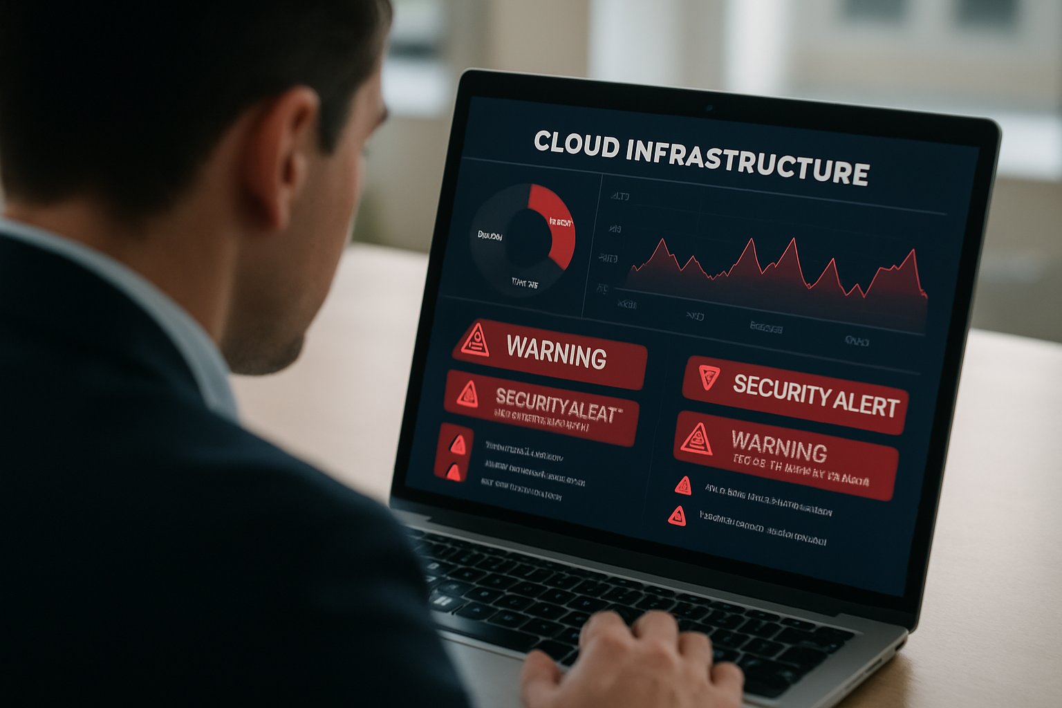 Professional reviews cloud security risk alerts on laptop in office.