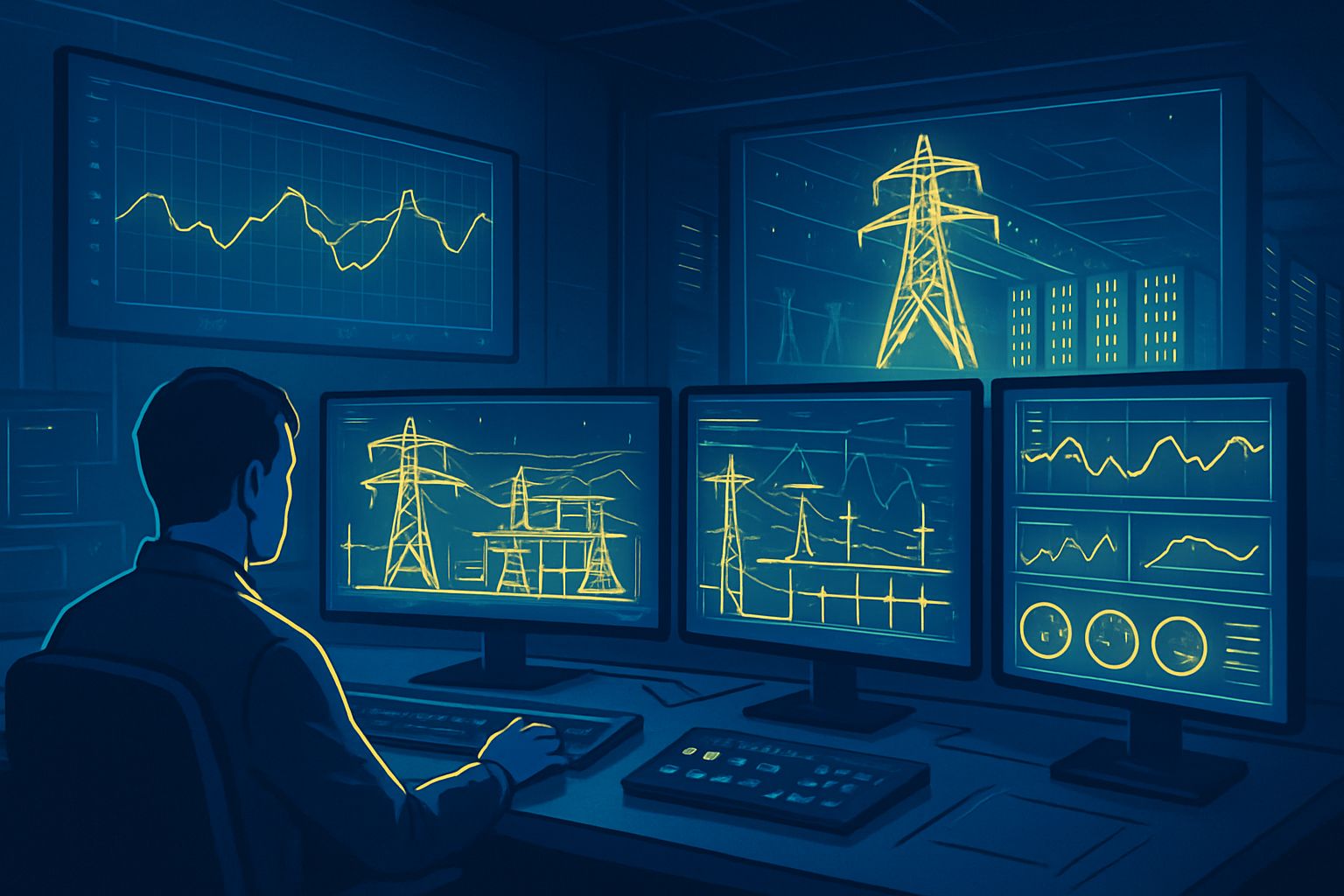 Power grid control room monitors Grid Stability with AI data center in background.