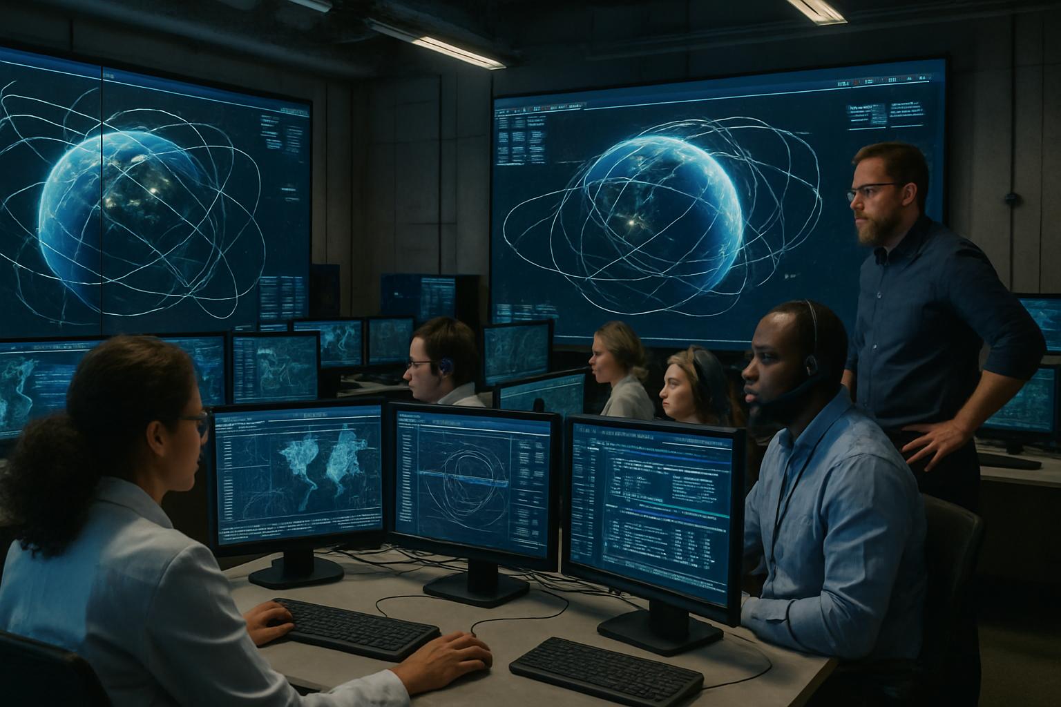 Satellite Dogfighting tracked by engineers in a satellite control room.