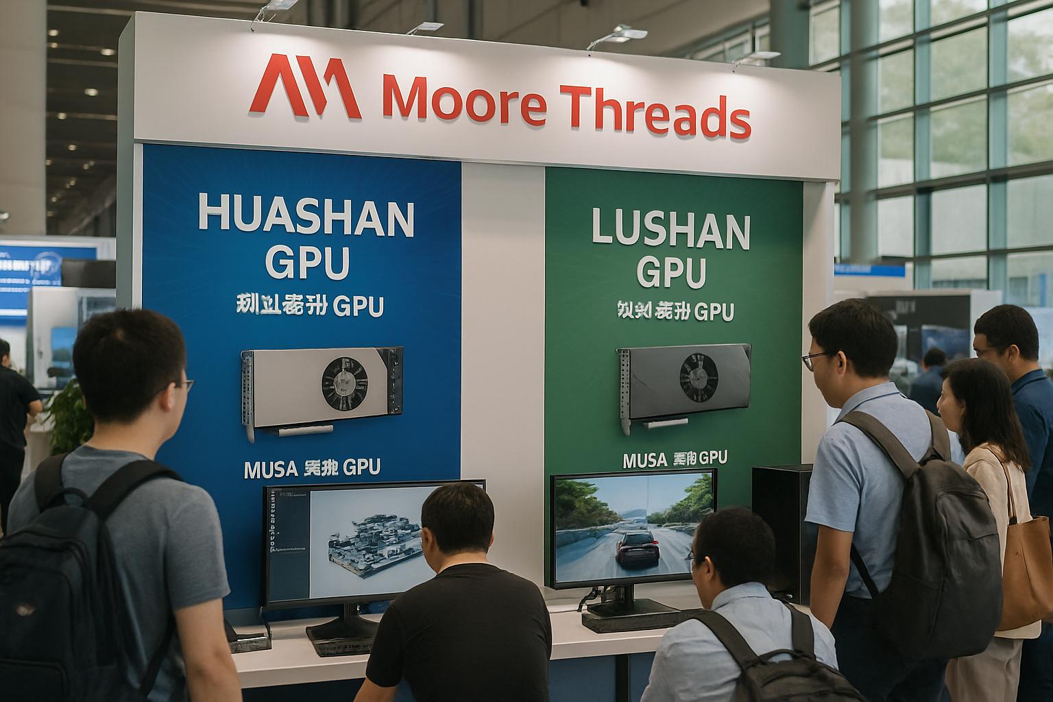 Moore Threads expo booth featuring Huashan and Lushan GPUs.