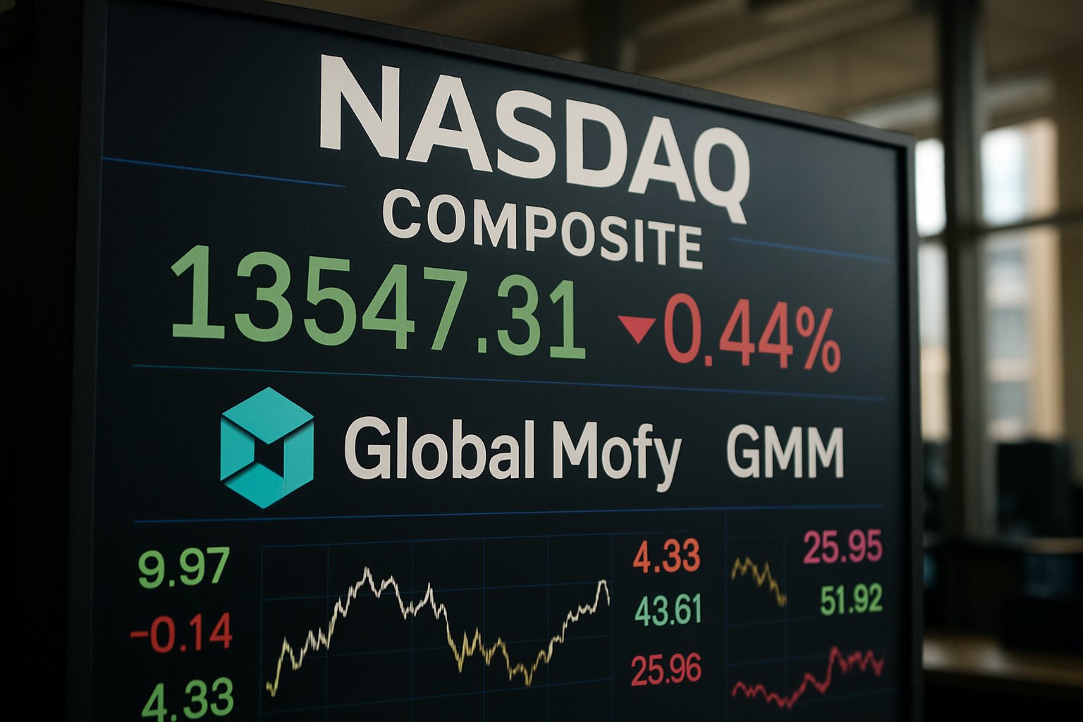 Global Mofy Nasdaq ticker displayed on composite index board.