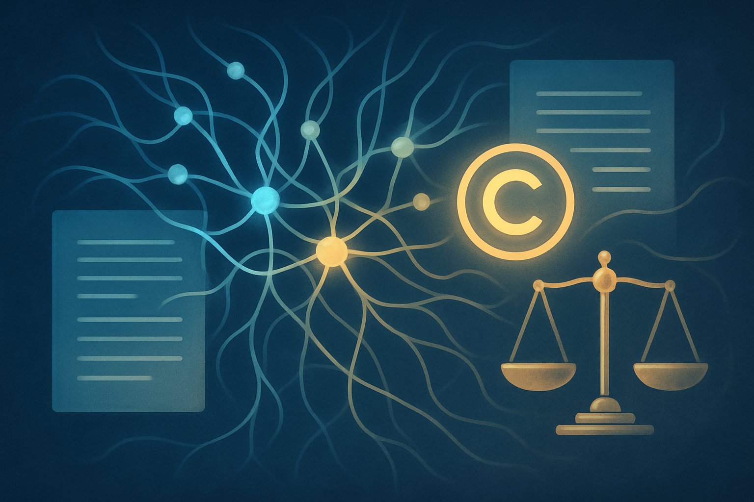 Neural network and legal documents symbolize Intellectual Property and AI convergence.