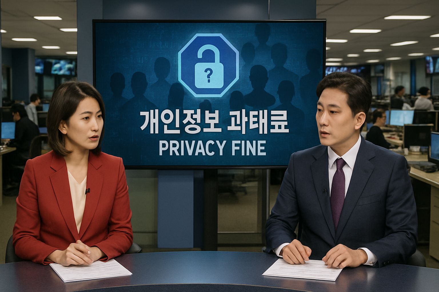 News anchors discuss Privacy Fine and data breach in South Korea.