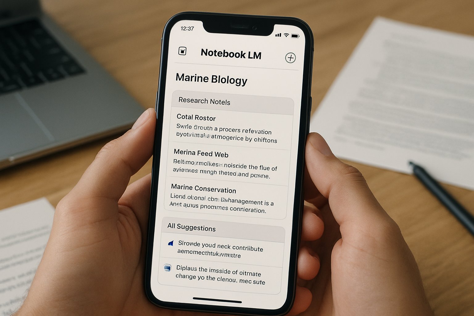 NotebookLM Mobile App interface showing research organization tools
