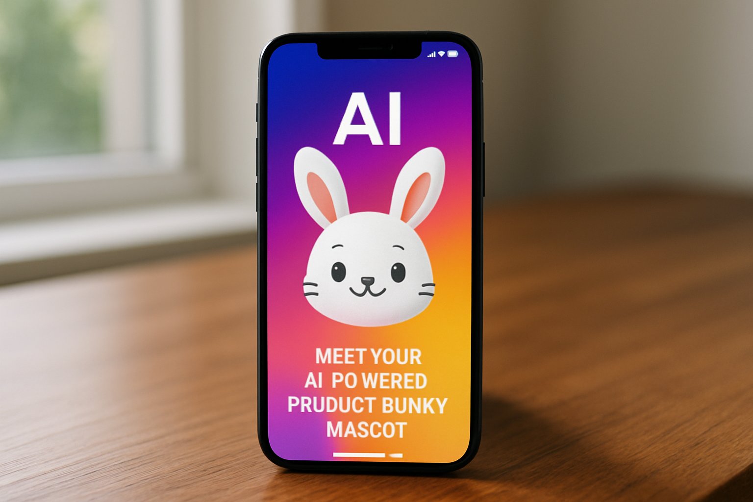 Modern smartphone shows AI Product bunny teaser in realistic office environment.