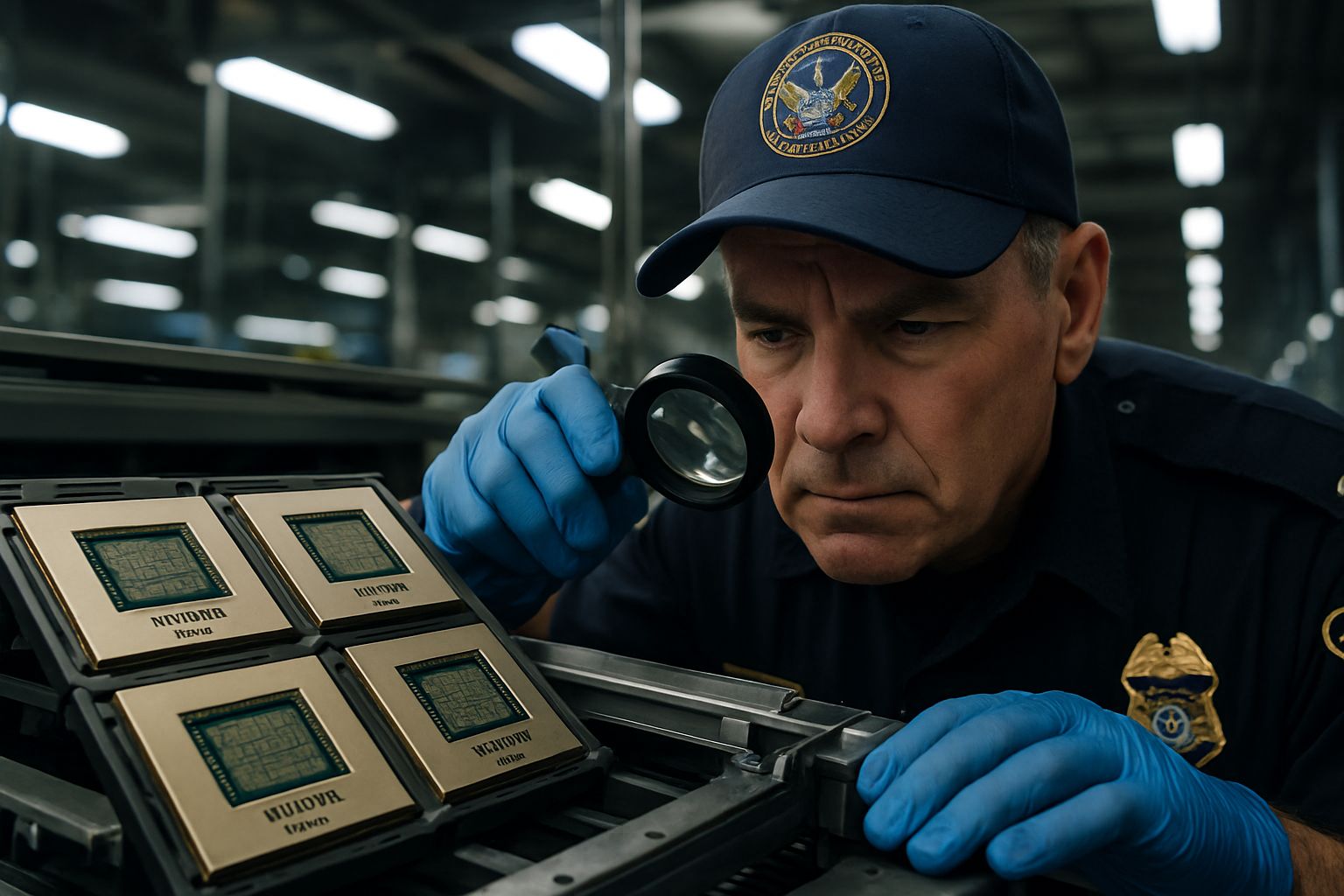 Geopolitical Chip Review at US customs inspecting Nvidia H200 chips.