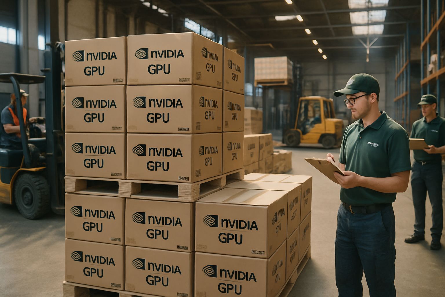 Shipping warehouse handling Nvidia GPU Cluster Demand with inventory on pallets.