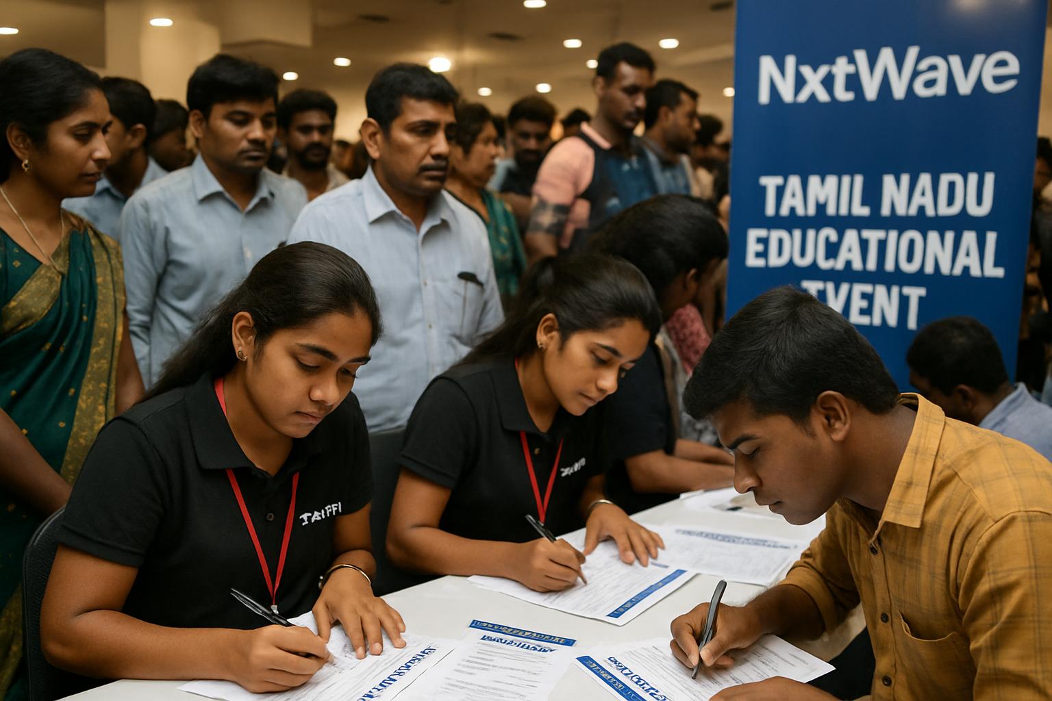 NxtWave bootcamp registrations at a Tamil Nadu educational event registration desk.