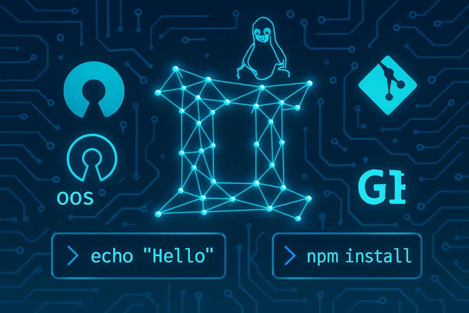 Gemini symbol with open source icons and command line code representing Open Source AI innovation.