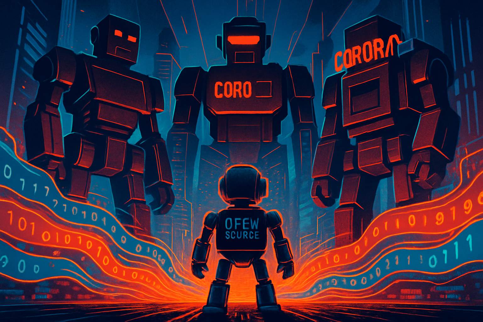 Open Source model challenging corporate giants in a futuristic cityscape.