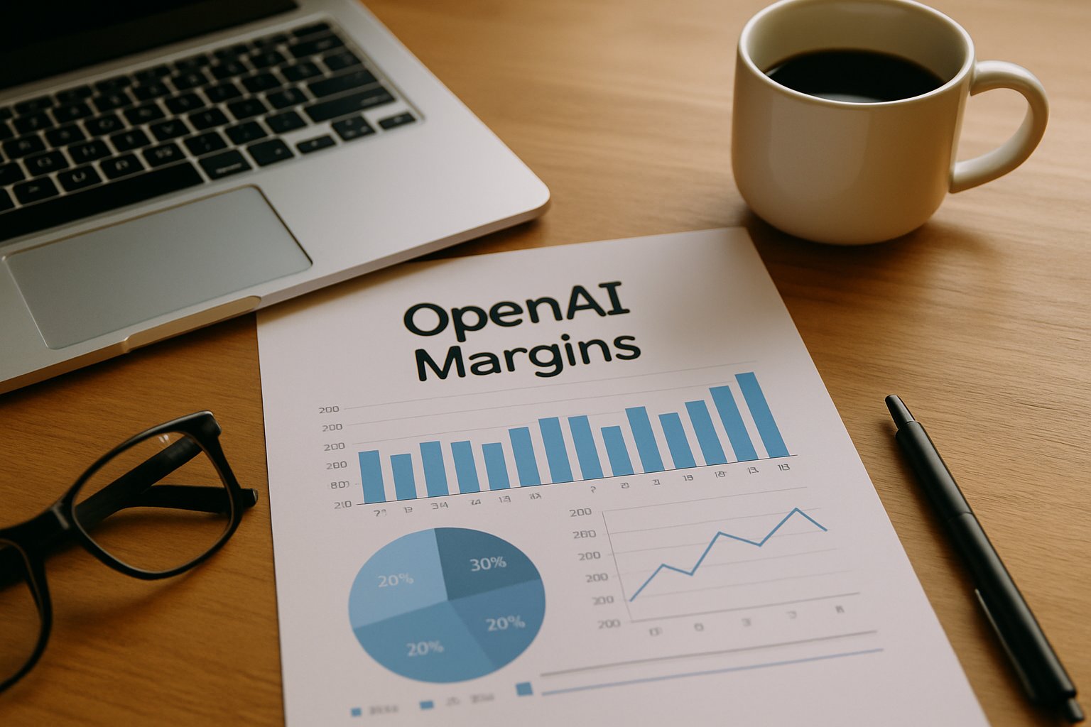 Business desk with OpenAI Margins report and financial documents in a natural setting.