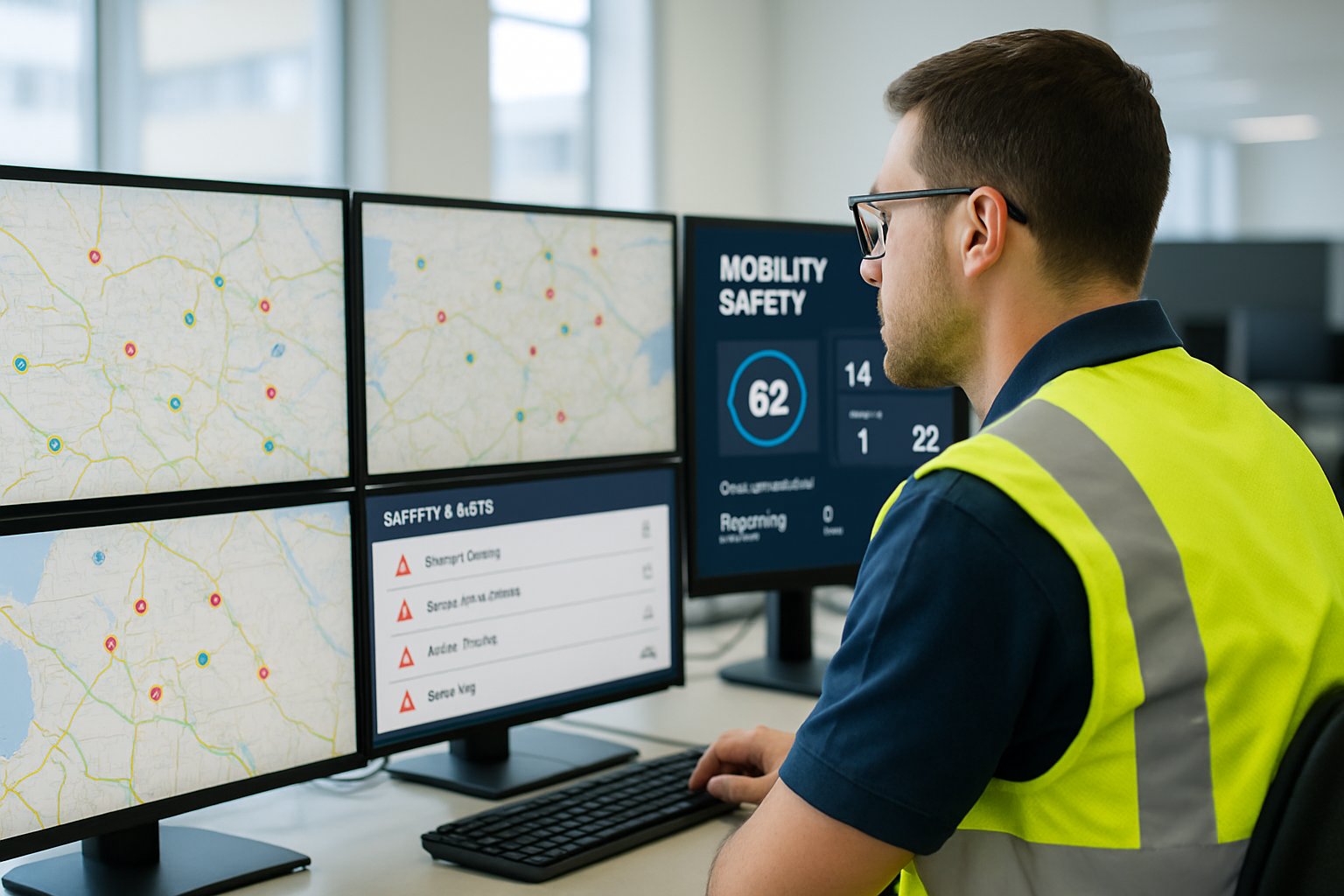 Traffic operator monitors Mobility Safety metrics on real-time fleet dashboard.