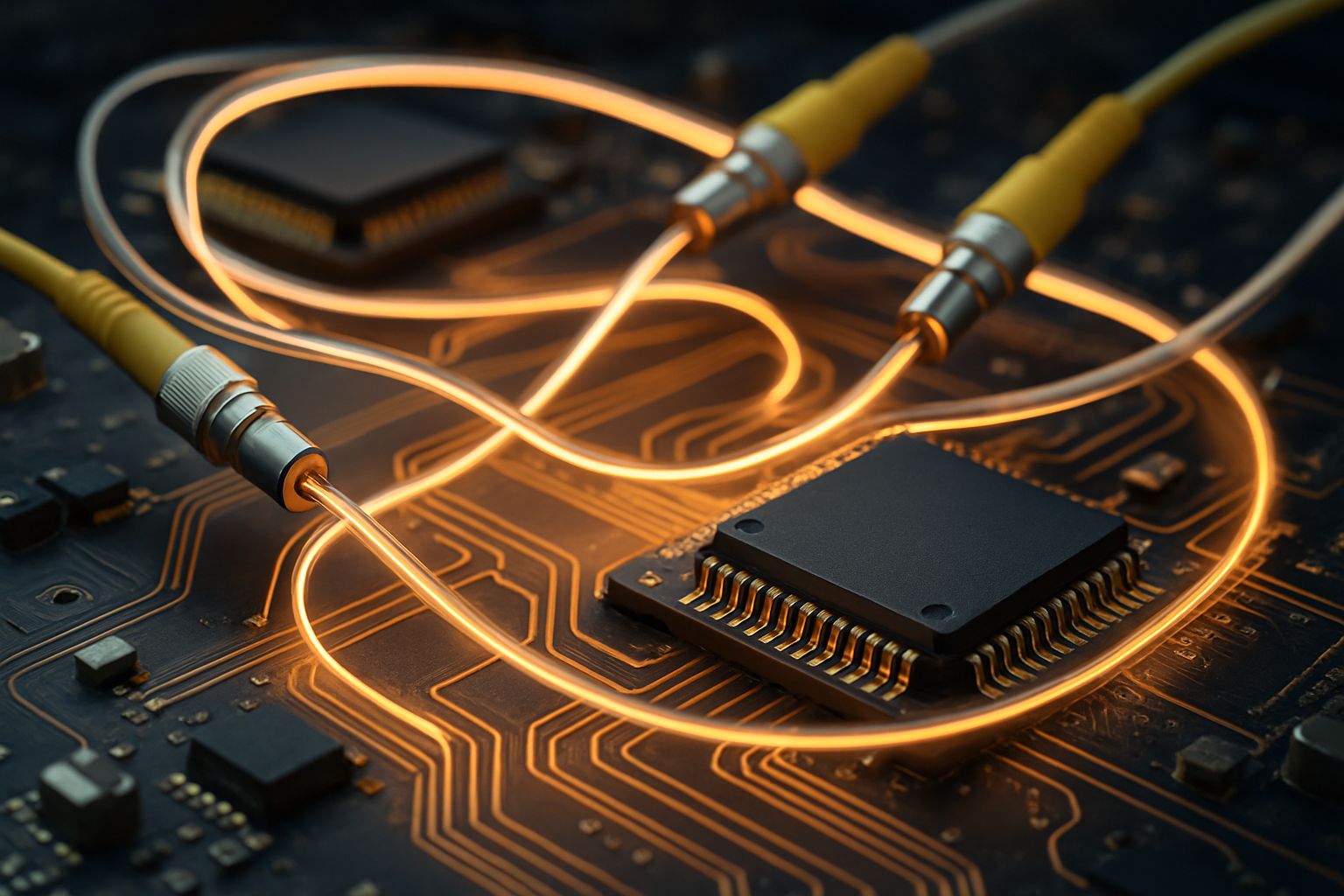 Detailed Optical Computing circuit board with microchips and fiber-optic cables.