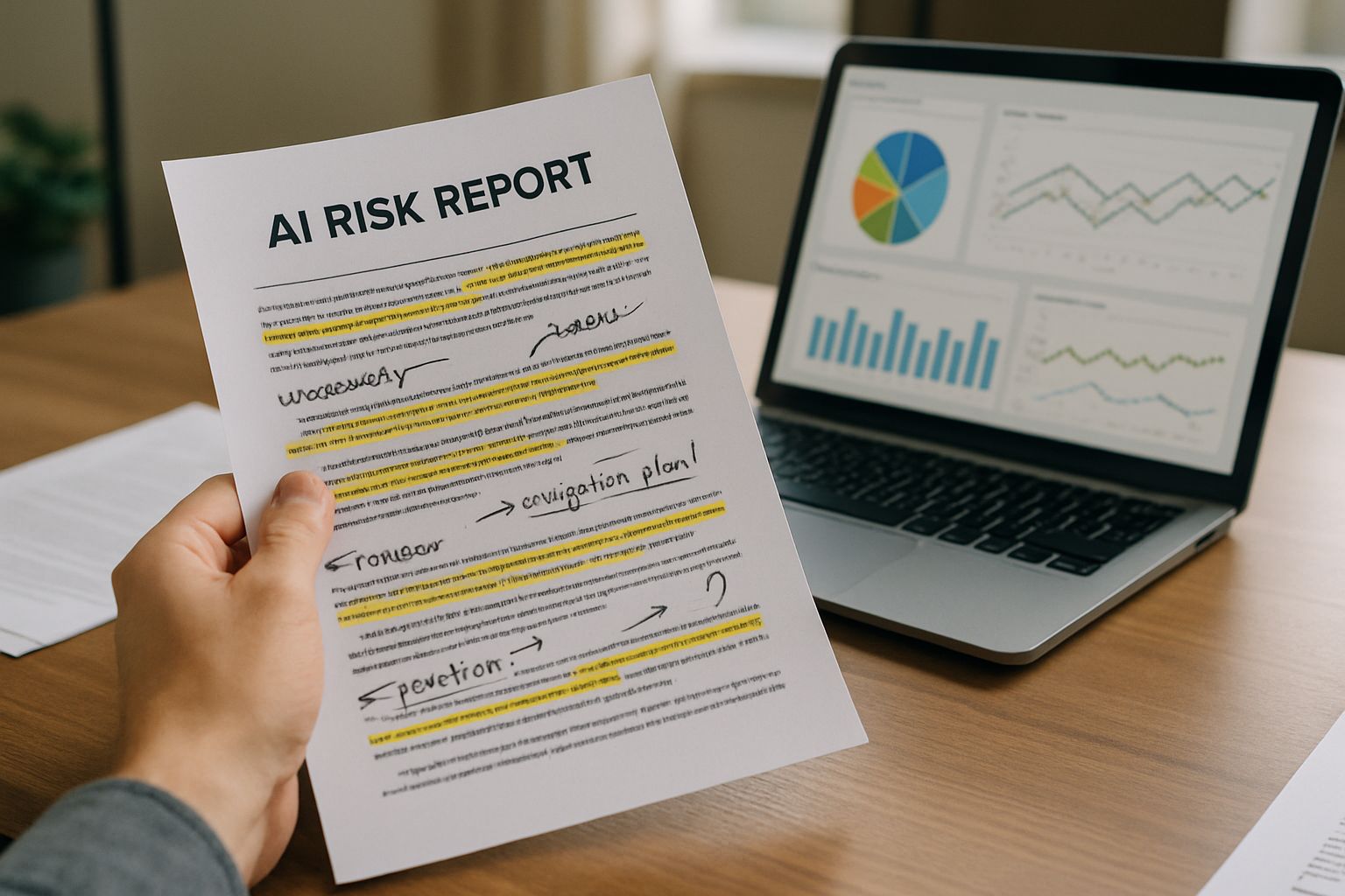 Corporate Oversight reviewing AI risk report at office desk
