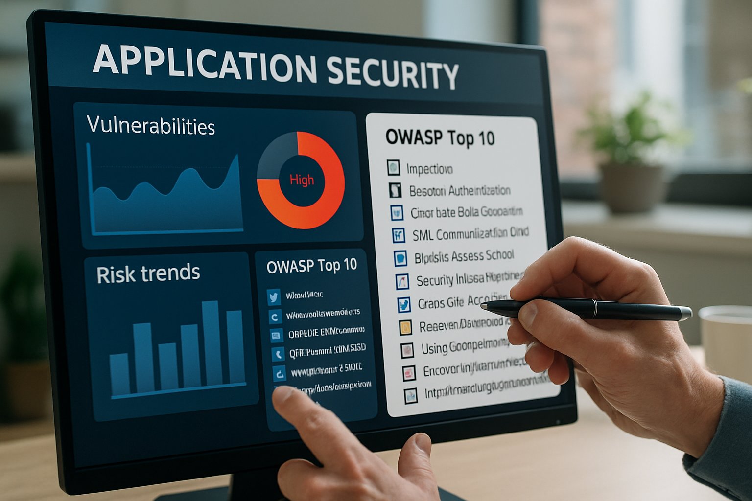 Engineer assessing Autonomous Application Security with OWASP checklist on screen.