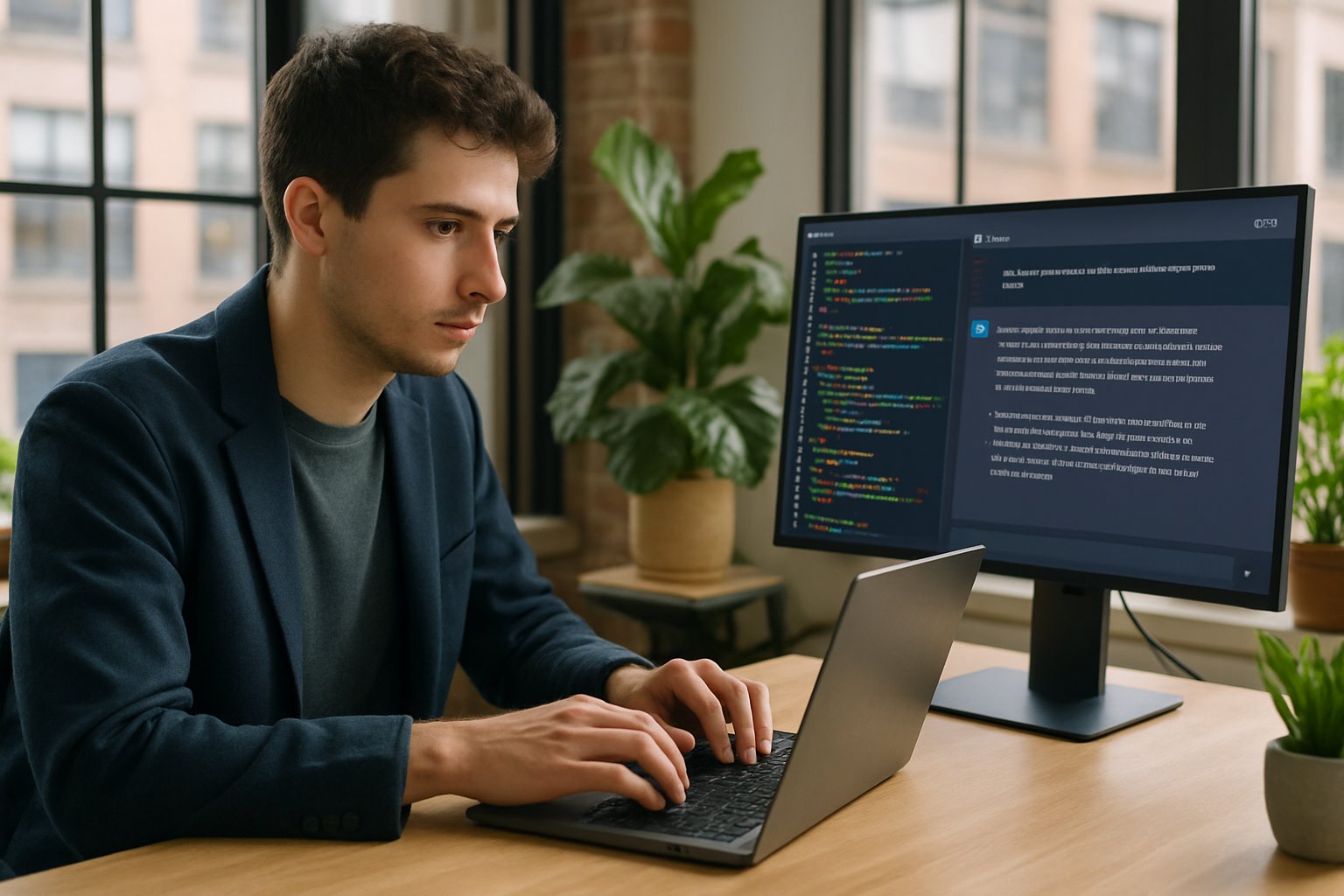 Developer using Pair Programming AI in modern office
