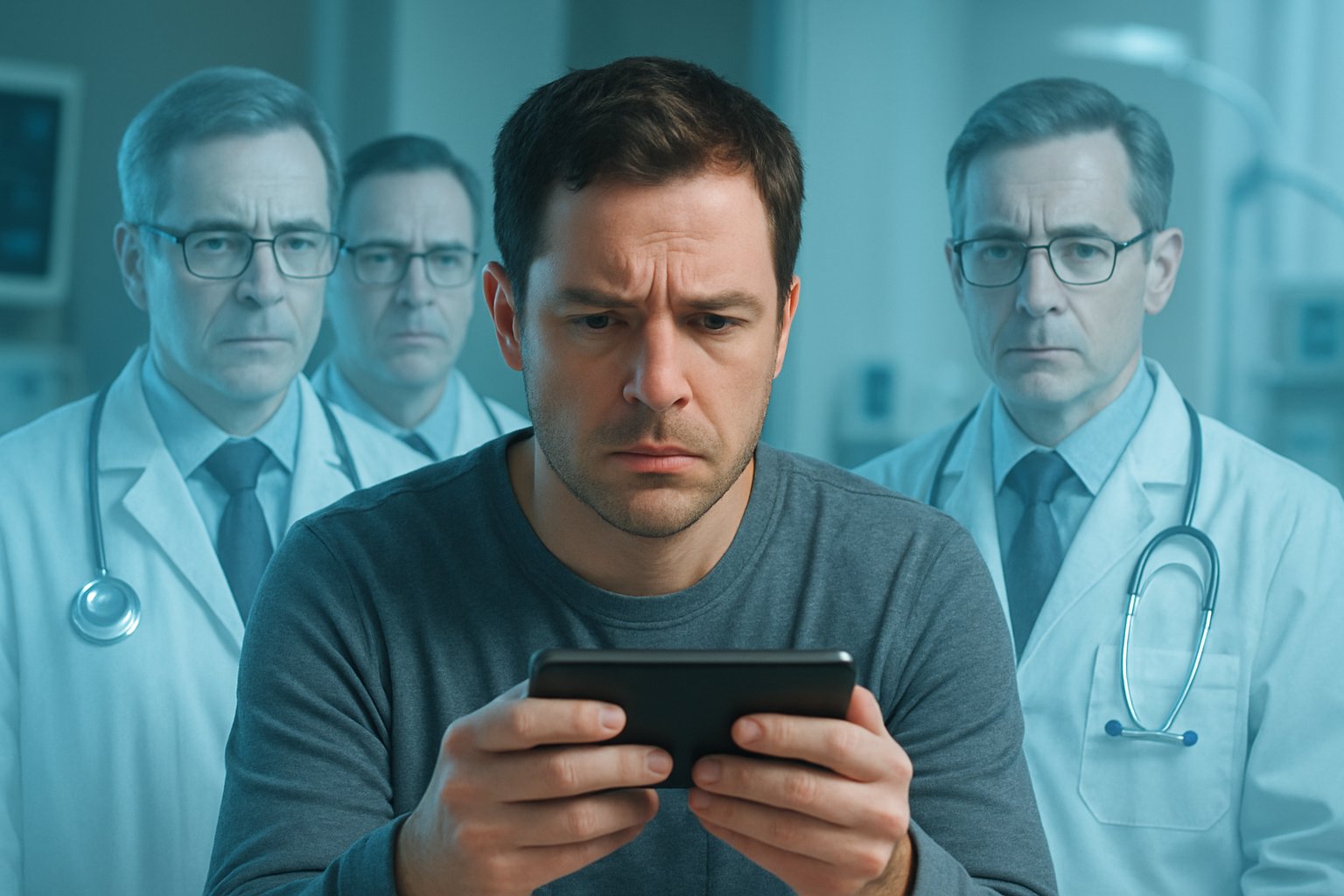 Patient viewing Health Misinformation from deepfake doctors on a smartphone.