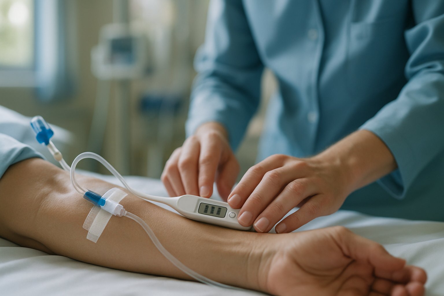 Close-up of real patient receiving new Medical Breakthrough fever therapy