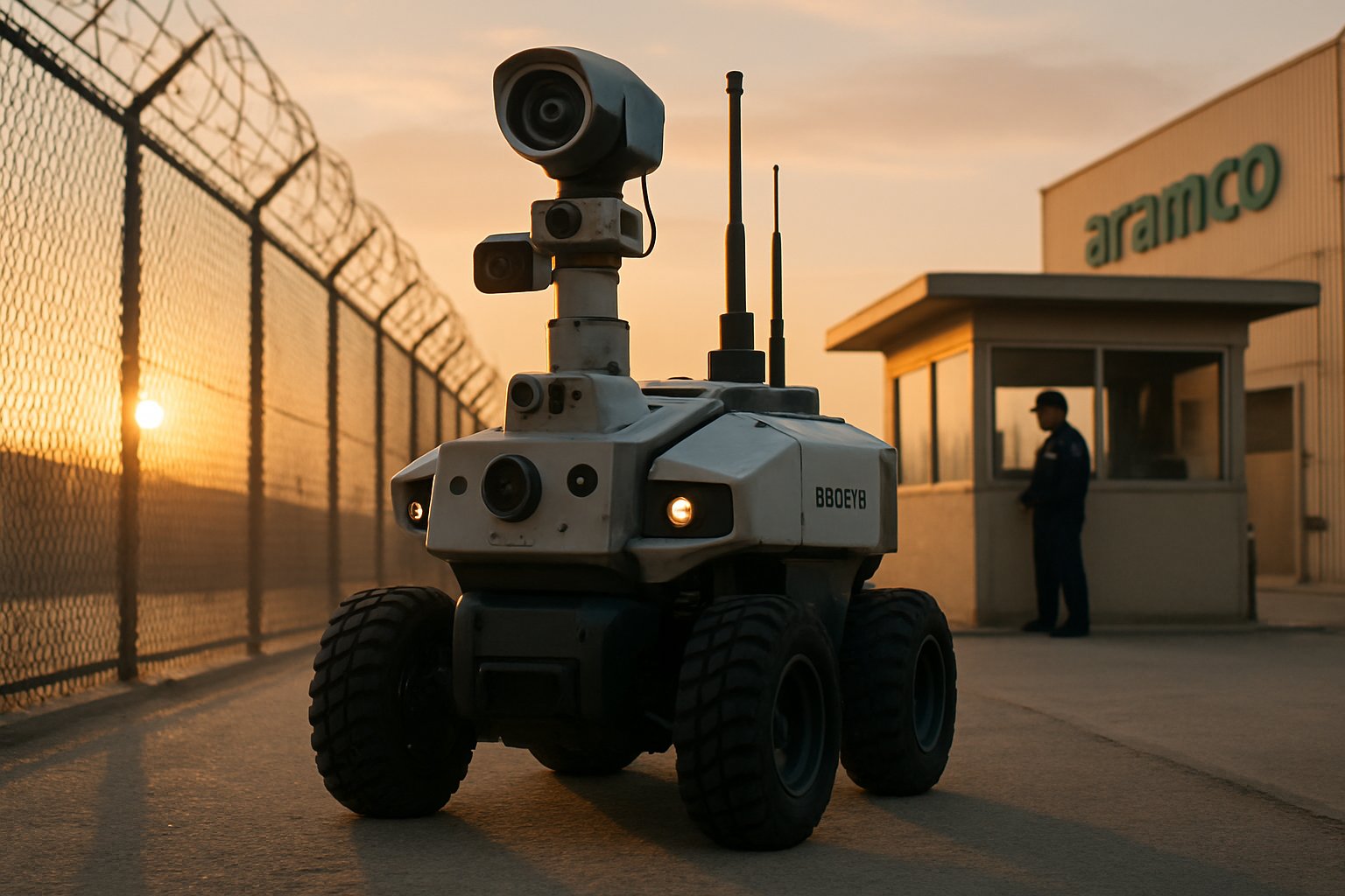 Autonomous Robotics patrol robot with sensors at Aramco perimeter fence.