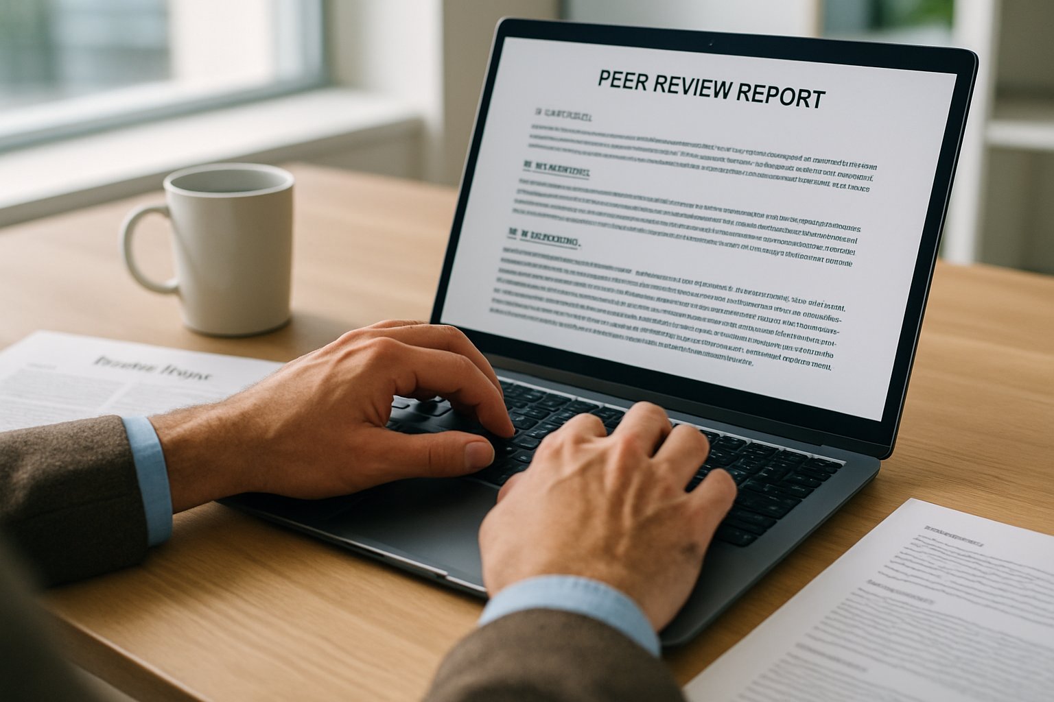Peer Review process with academic typing report in modern workspace