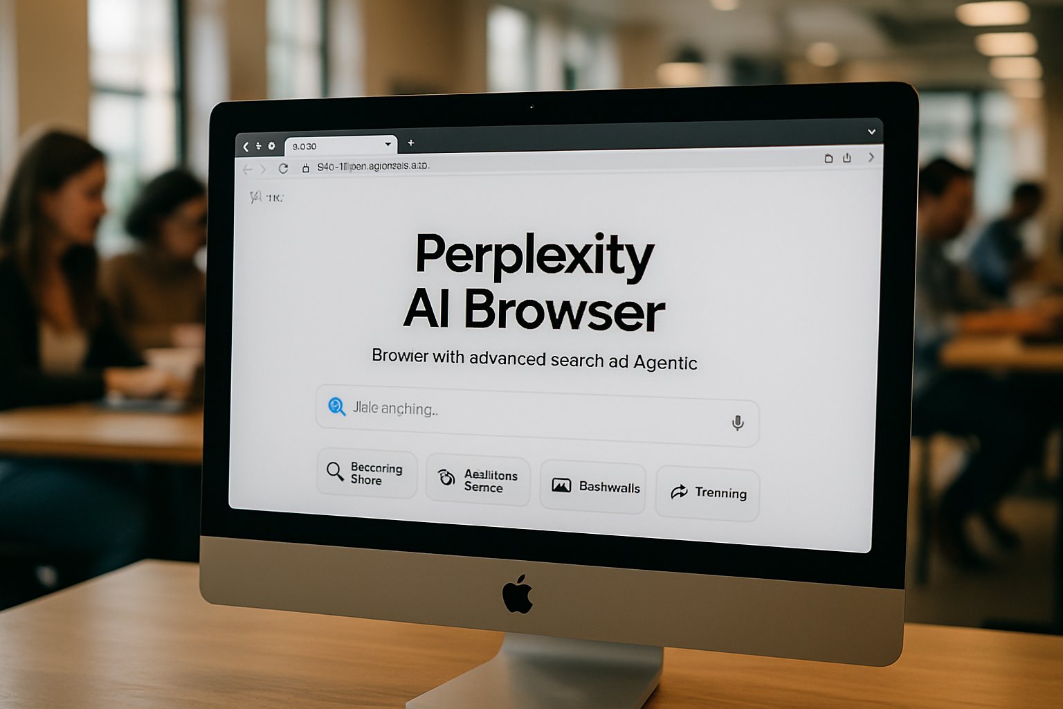 Perplexity AI Browser homepage on computer in coworking space