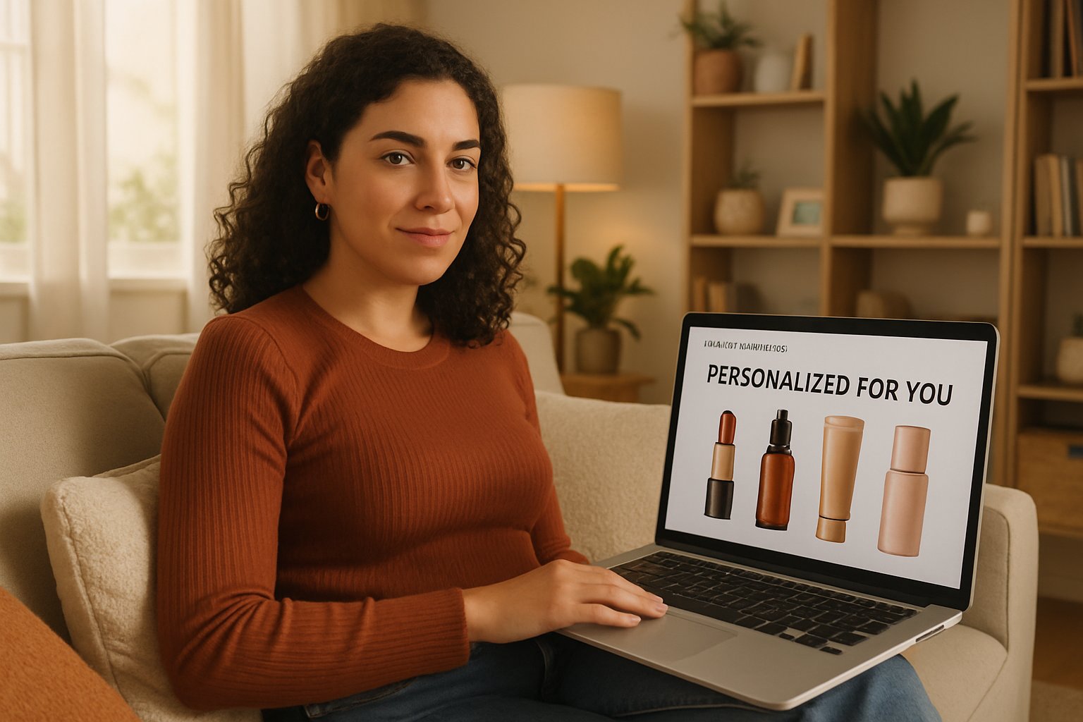 Customer uses AI Retail Personalization to shop beauty products online at home.