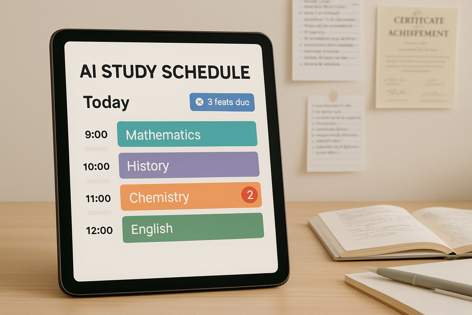 Tablet with Education Tech AI study schedule and certification notes for exam prep