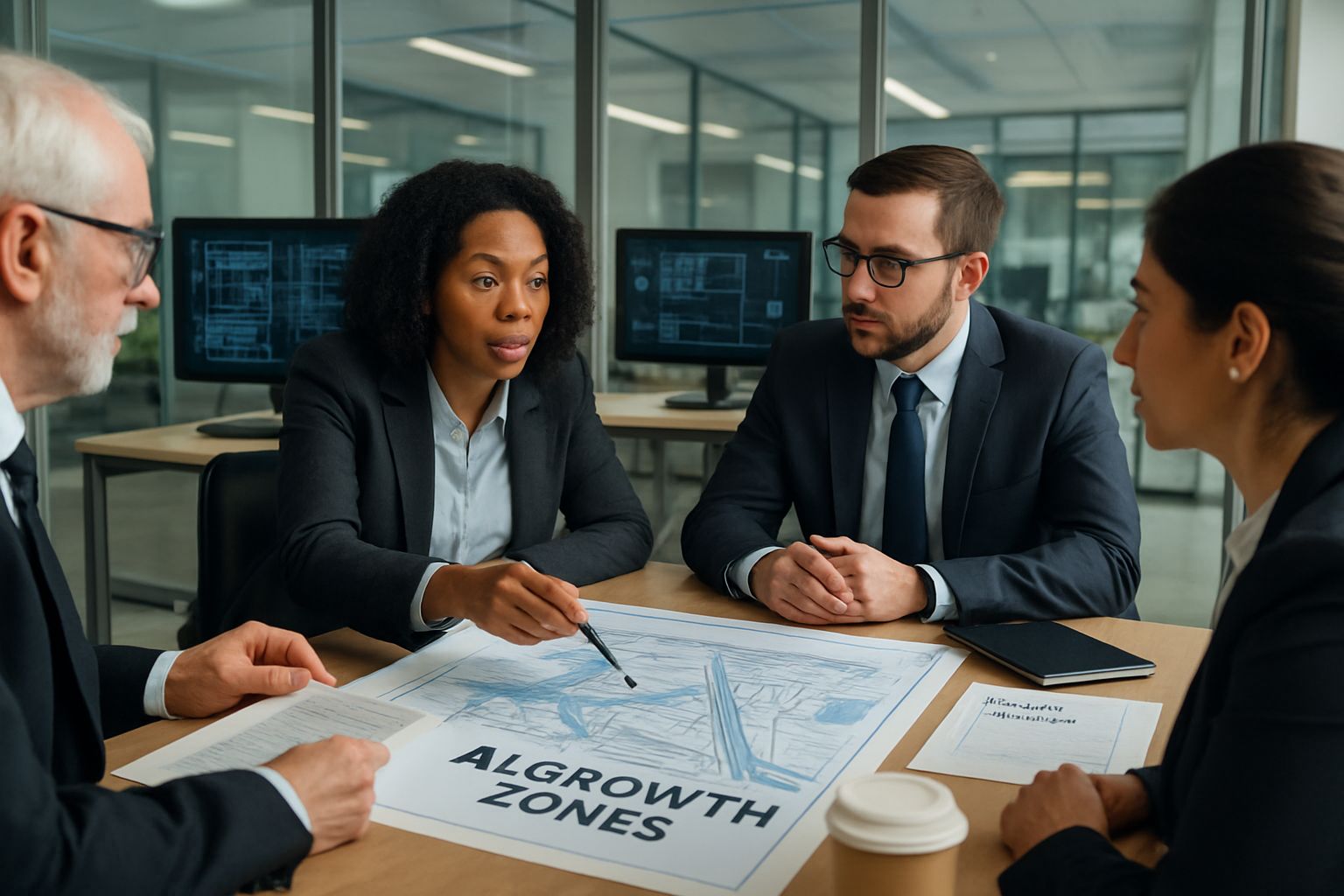 Team planning AI Growth Zones in UK office environment.